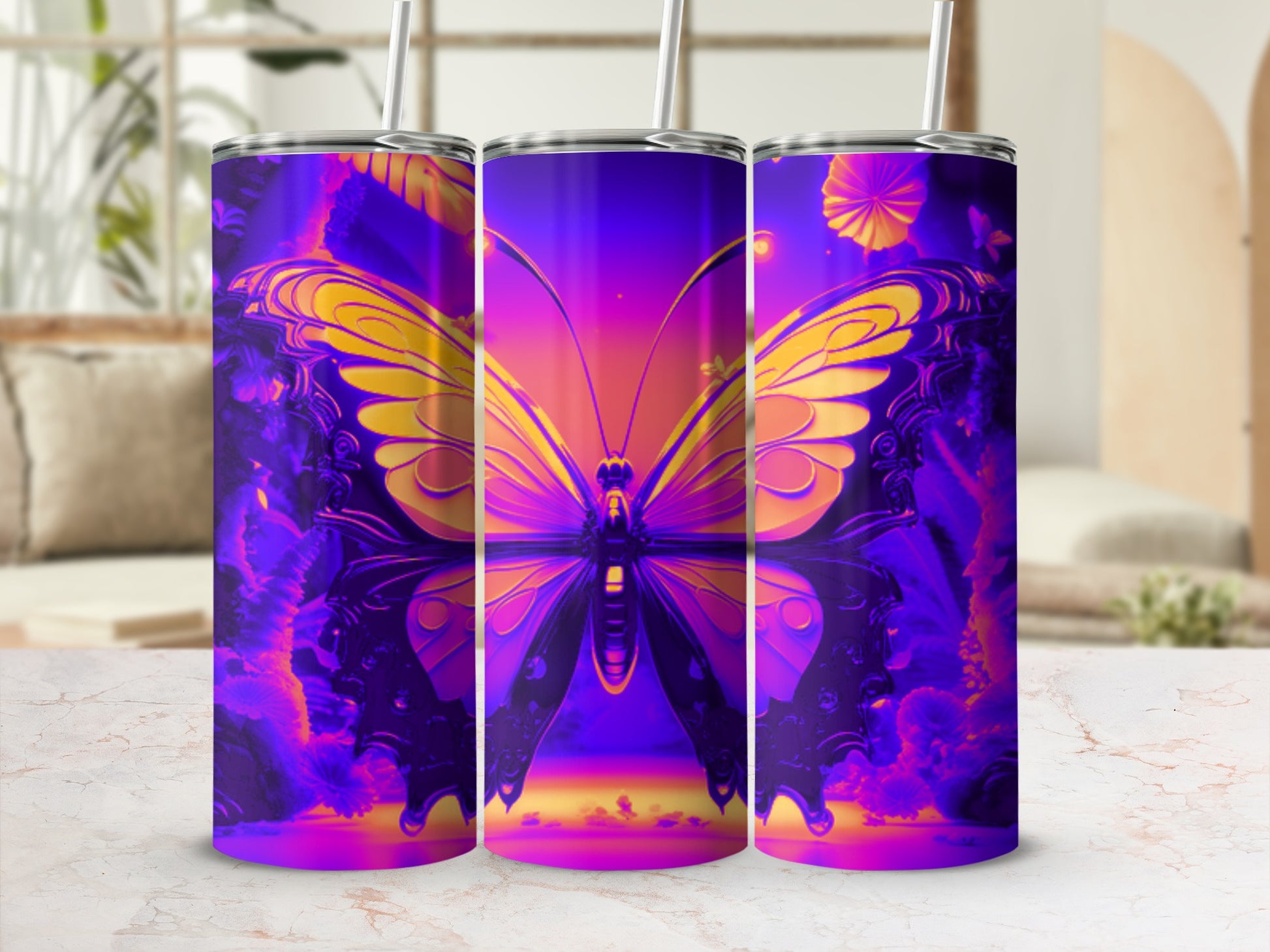 Purple and gold butterfly design on a triptych of tumblers.