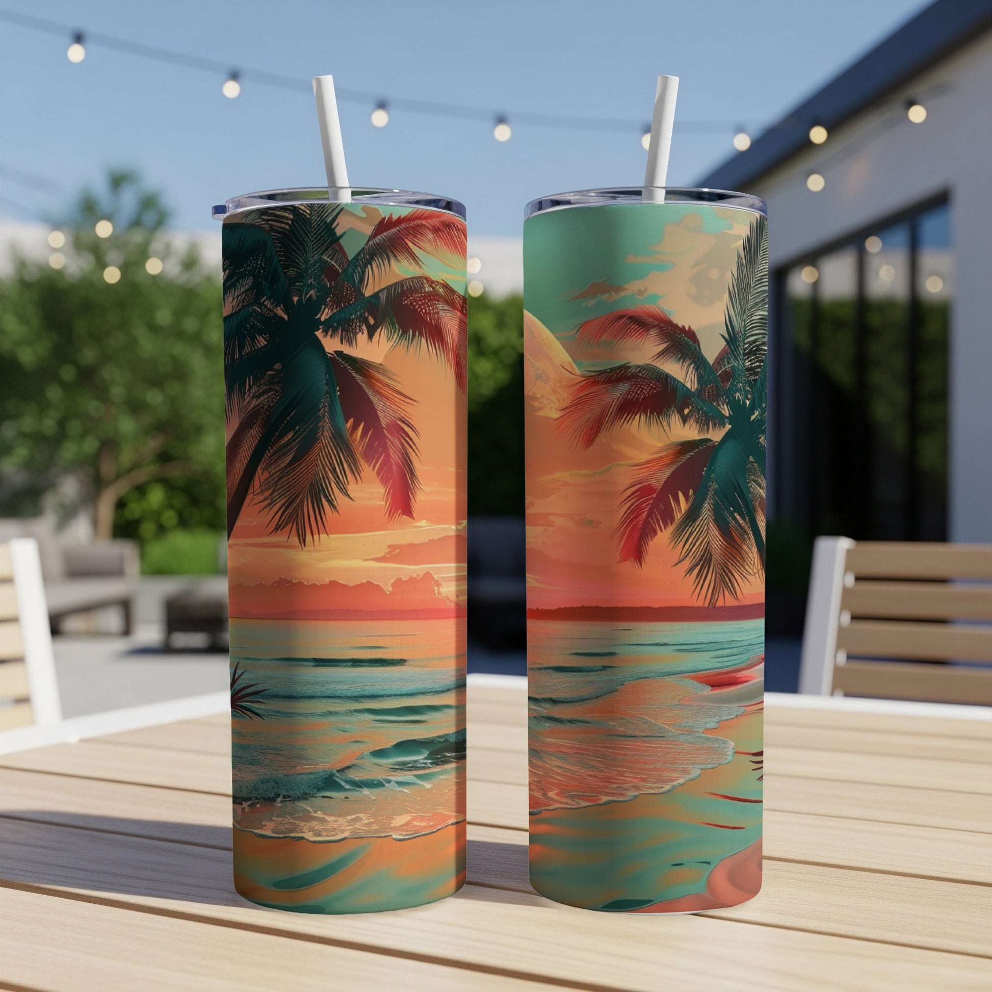 Two skinny tumblers with a vibrant sunset beach scene design.