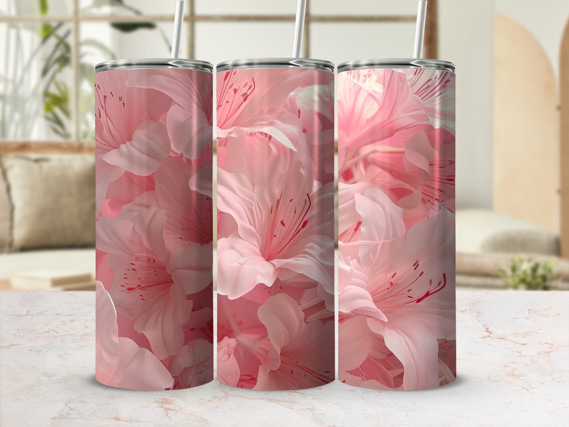 Three tumblers with a close-up pink floral pattern.
