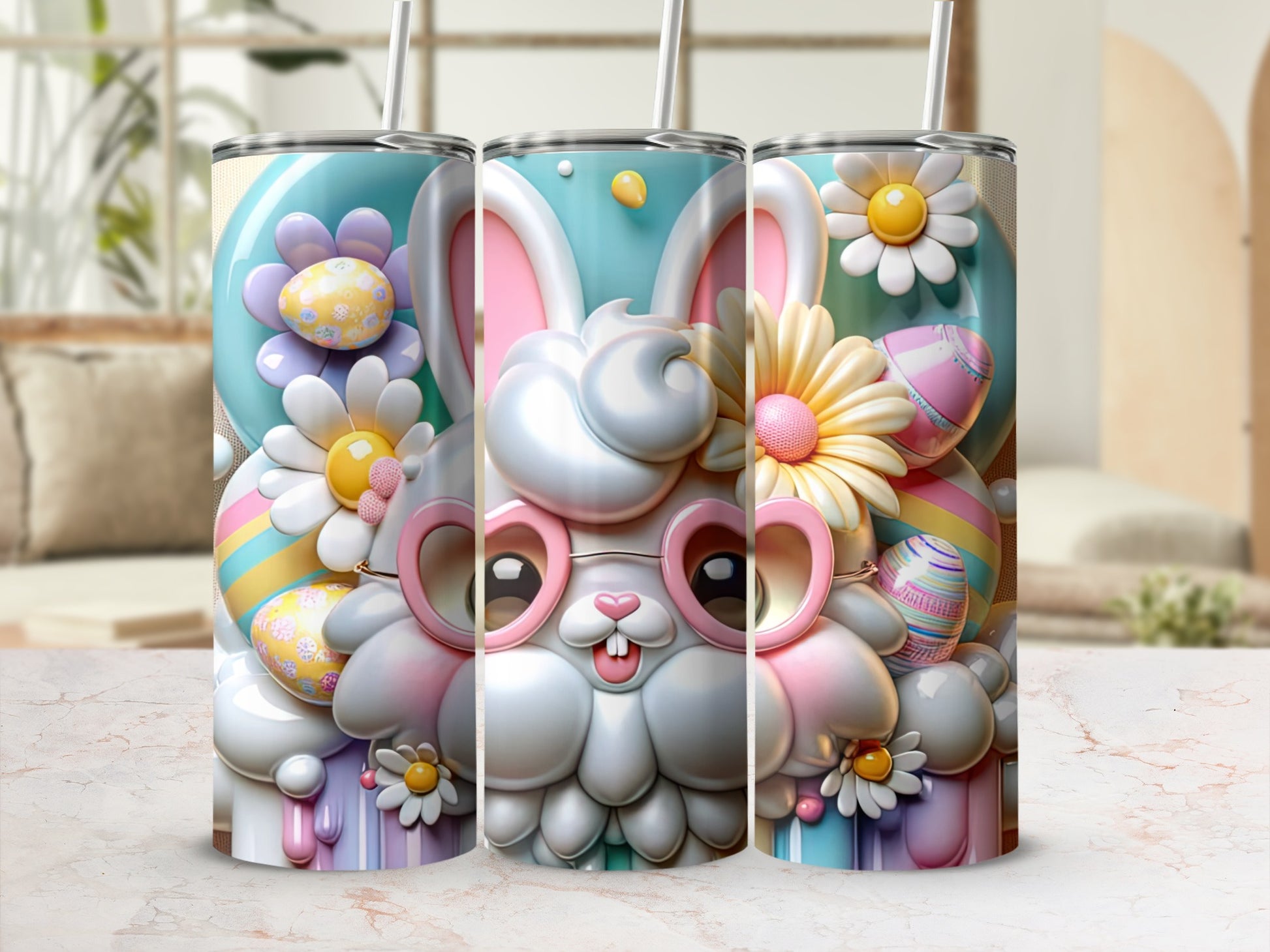 Easter bunny with pink glasses, flowers, and pastel Easter eggs on tumblers.