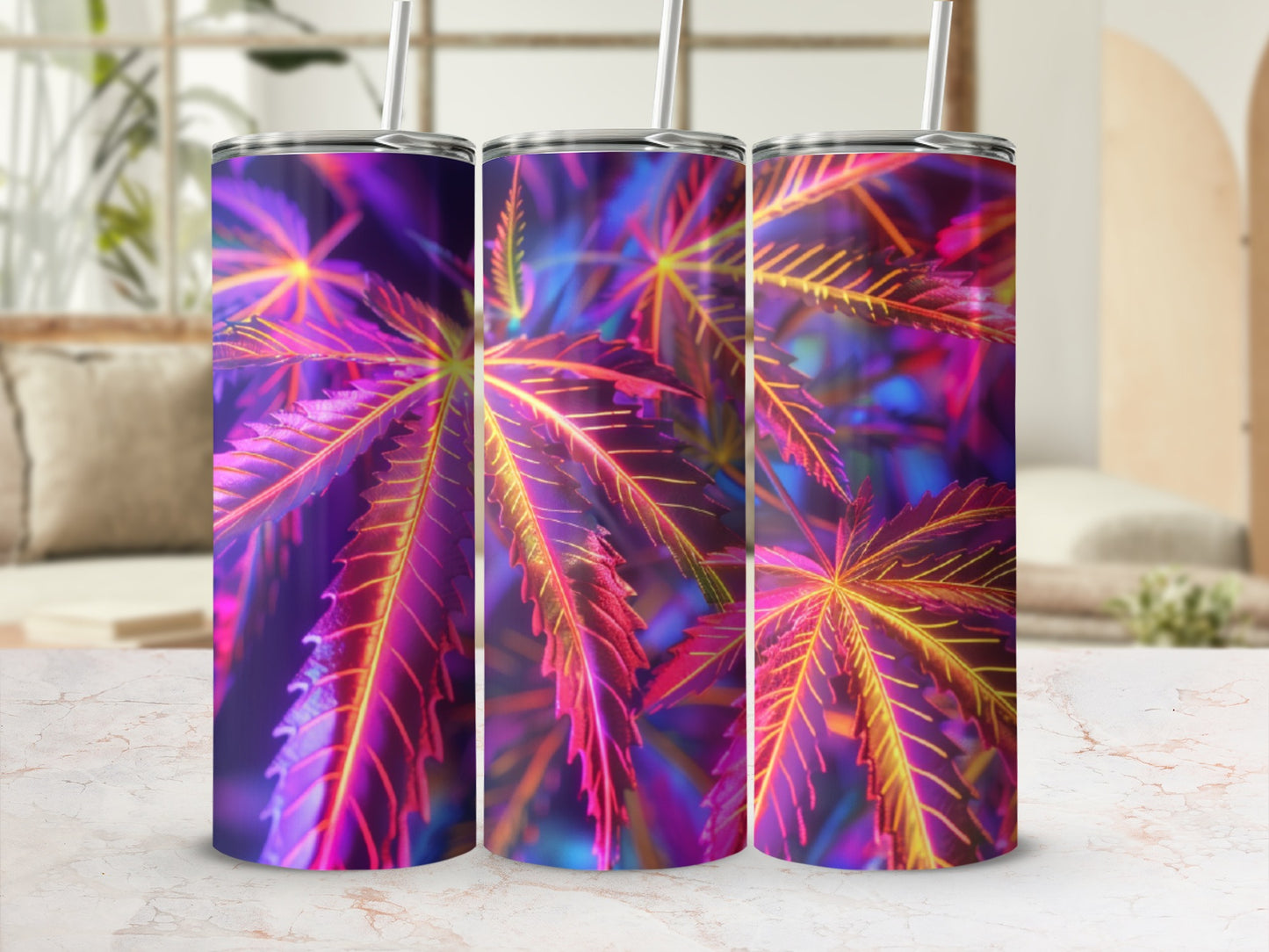 Three tumblers with vibrant purple and yellow cannabis leaf pattern.