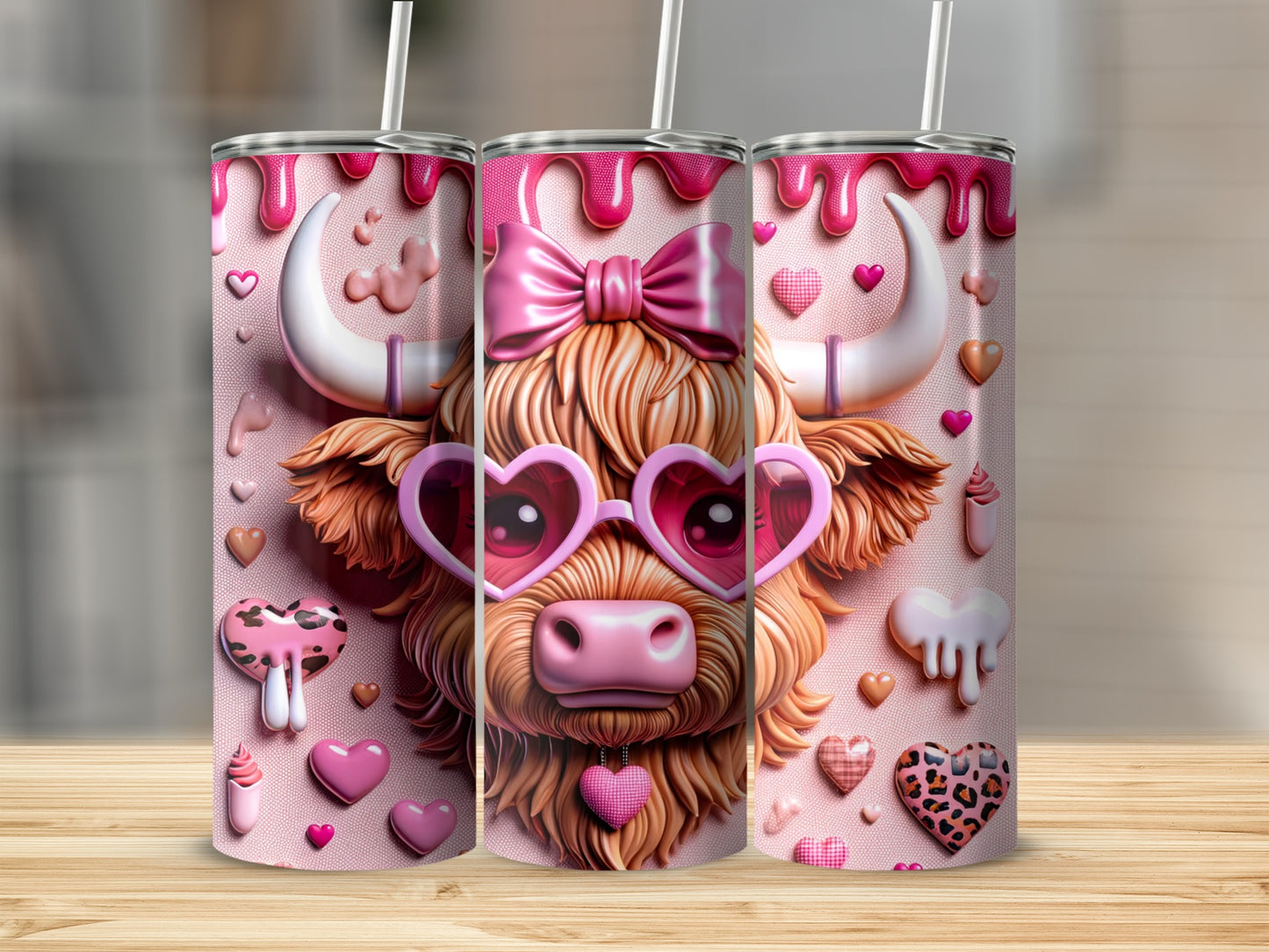 Pink cow with heart sunglasses and bow, surrounded by hearts.