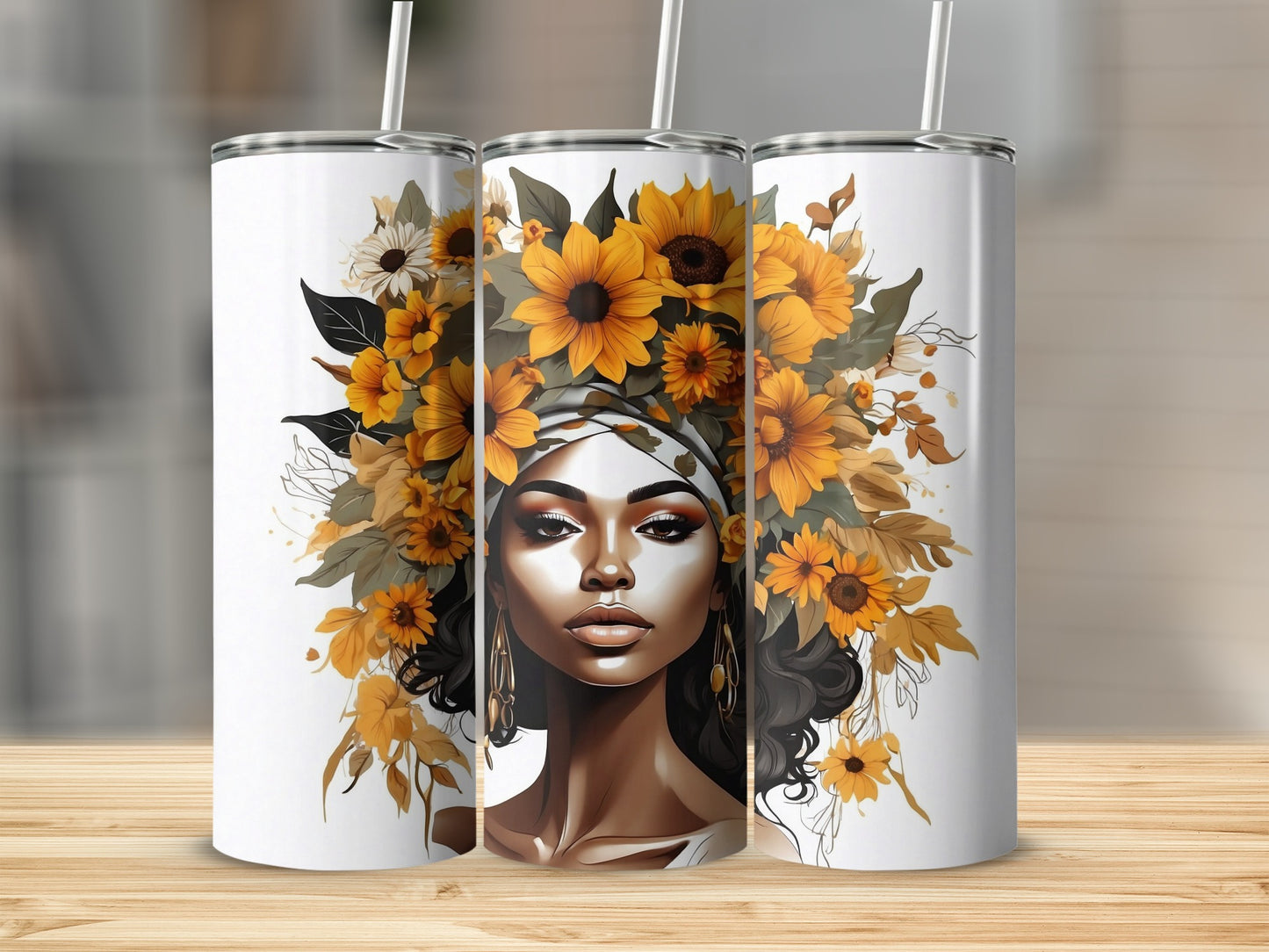 Woman with sunflowers in hair on a tumbler, standing on a wooden surface.