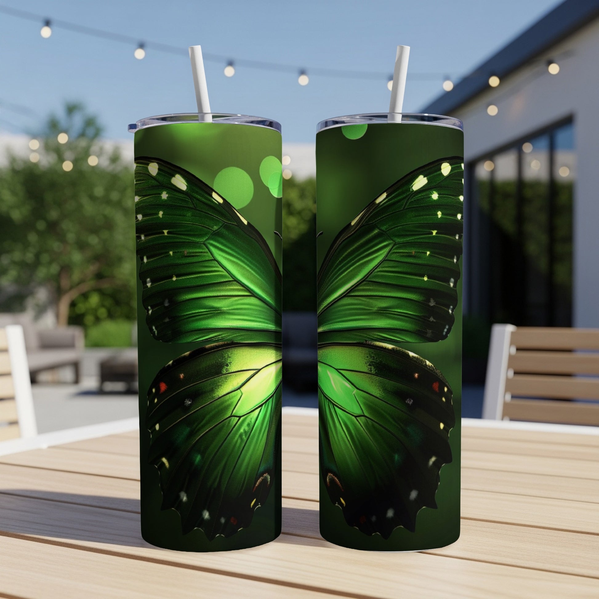 Two green butterfly tumblers with straws on a wooden table.