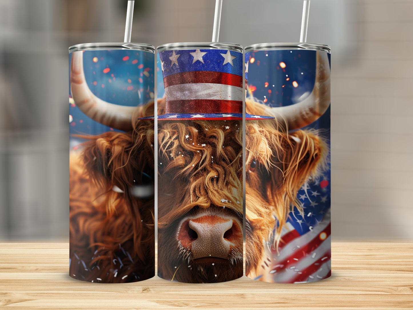 Highland cow wearing an American flag hat and scarf, with fireworks.
