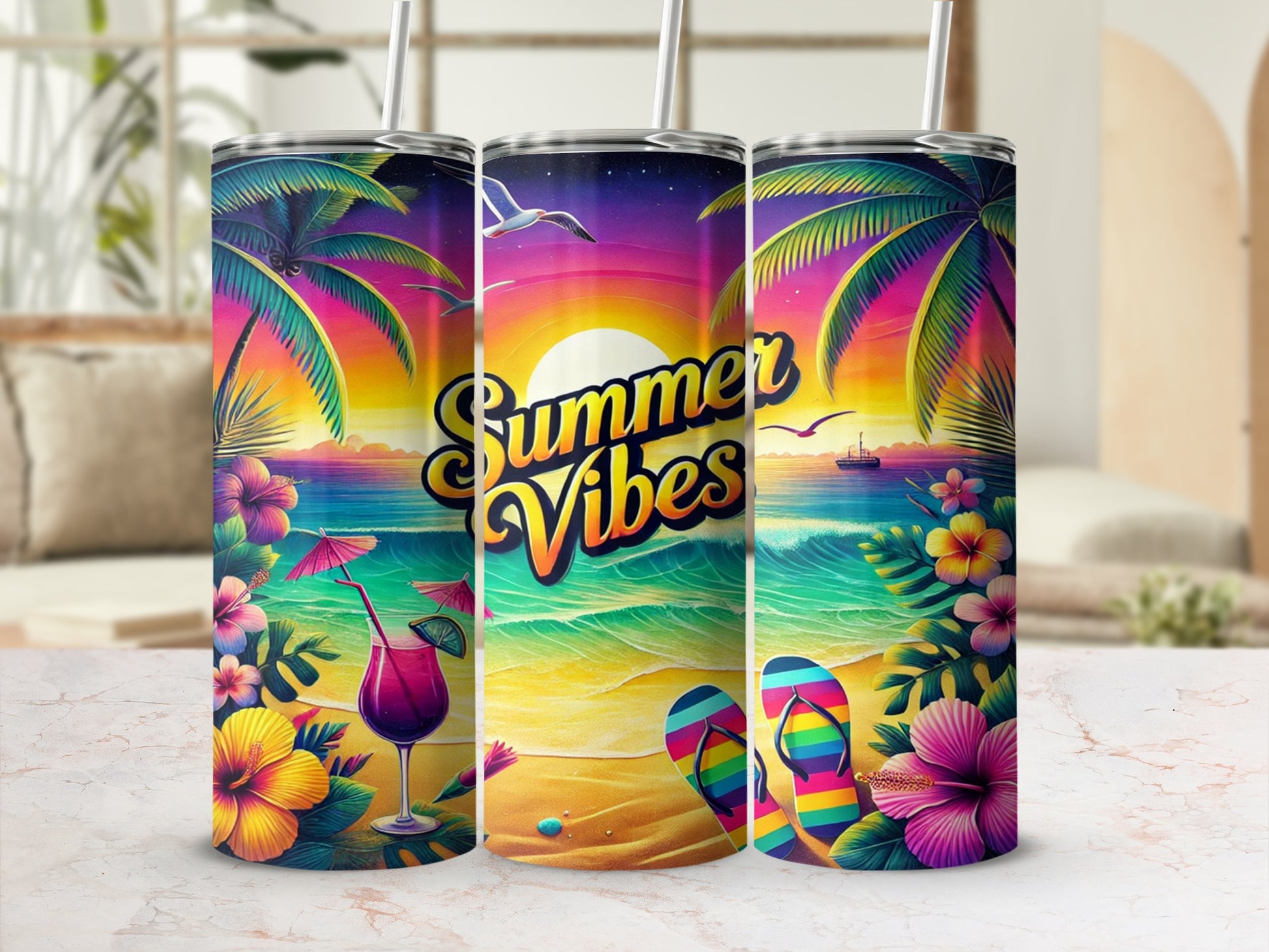 Summer Vibes Colorful Beach Scene Tumbler Design