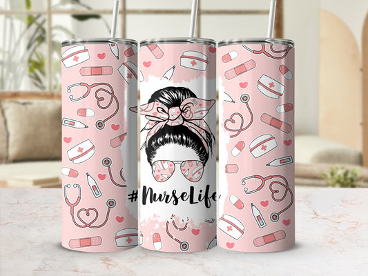 Pink tumbler with medical icons and "#NurseLife" text.