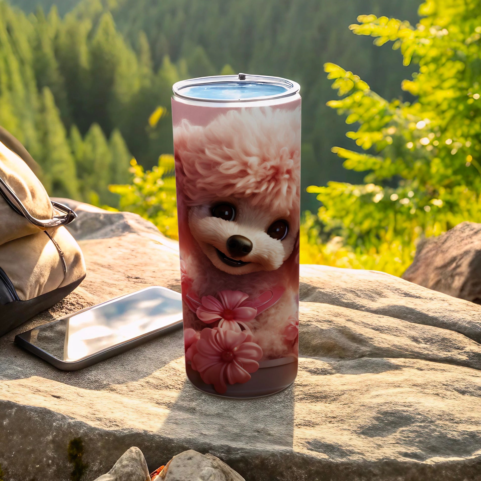 Adorable Pink Fluffy Puppy Smiling Design Flowers Tumbler product type