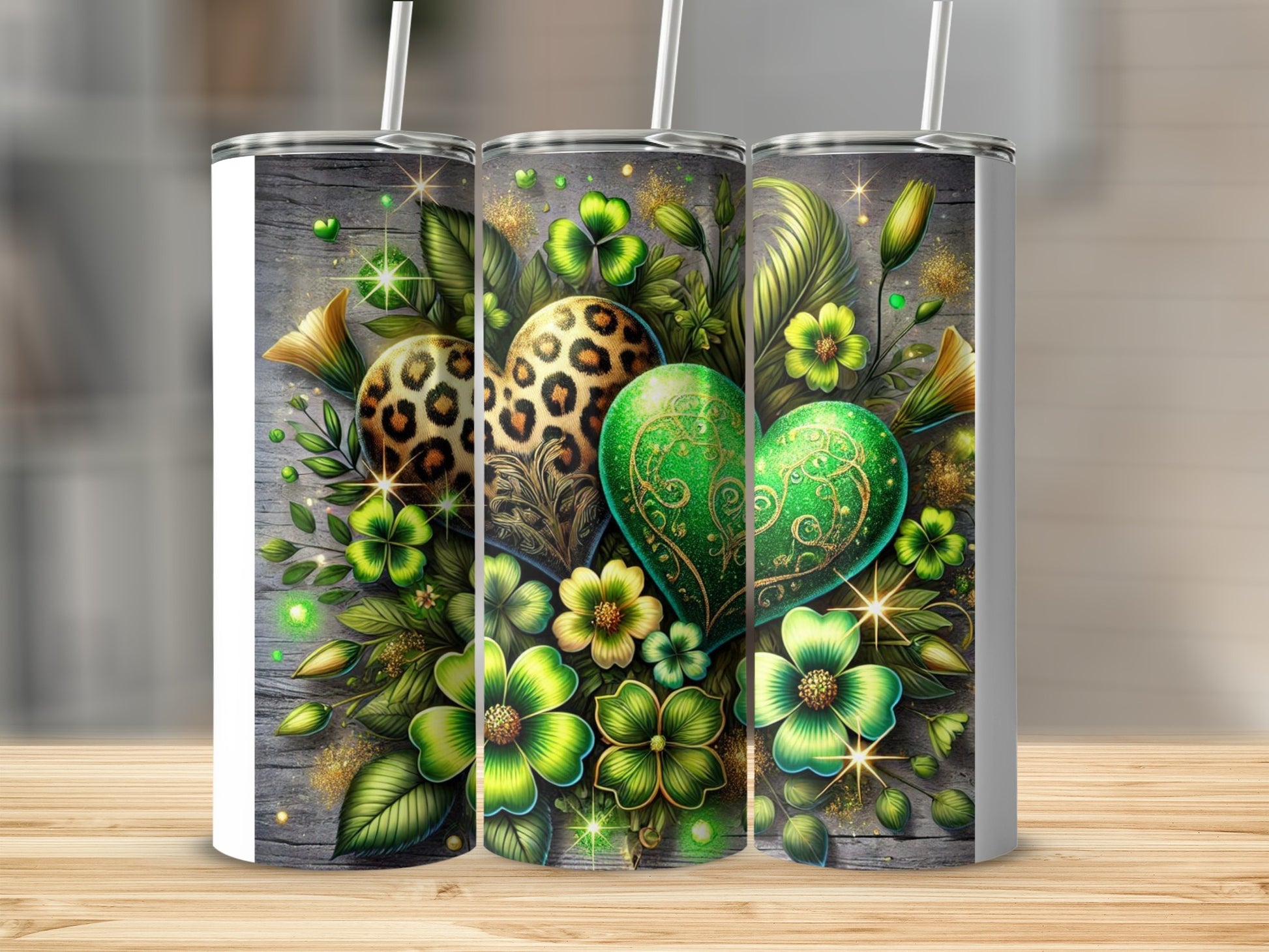 St. Patrick's Day tumblers with shamrocks, leopard print hearts, and gold accents.