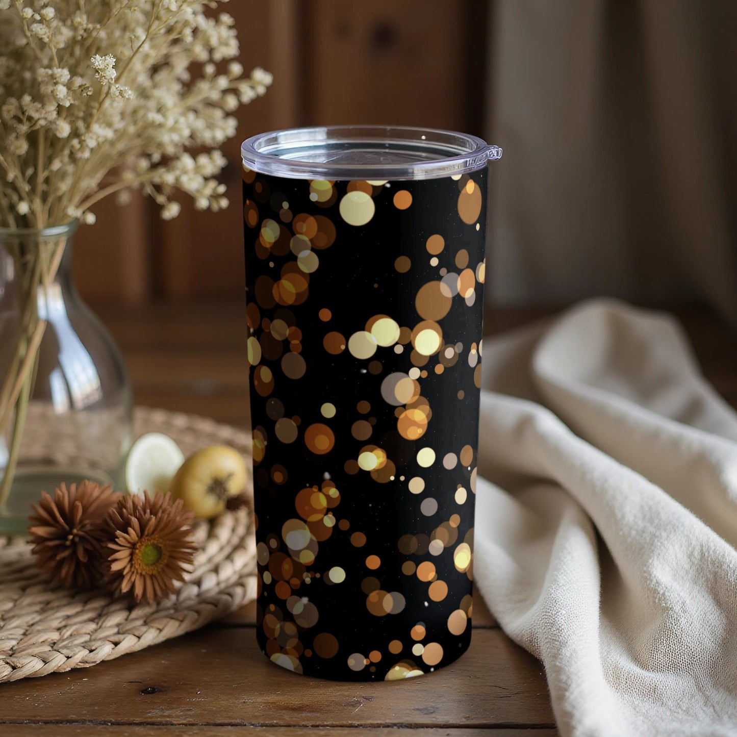 Elegant Black and Gold Bokeh Tumbler Design