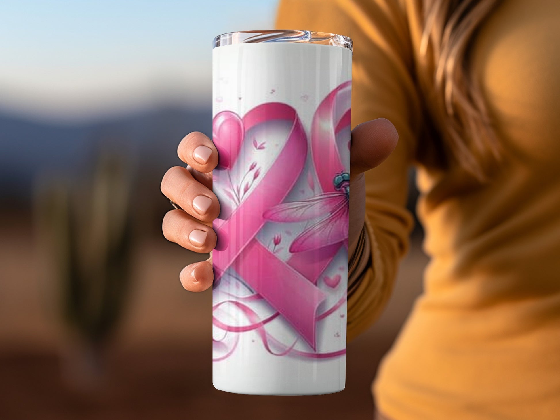 Pink Dragonfly Ribbon Design Travel Mug