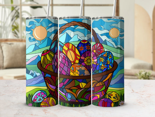Easter basket with colorful eggs and stained glass landscape background.