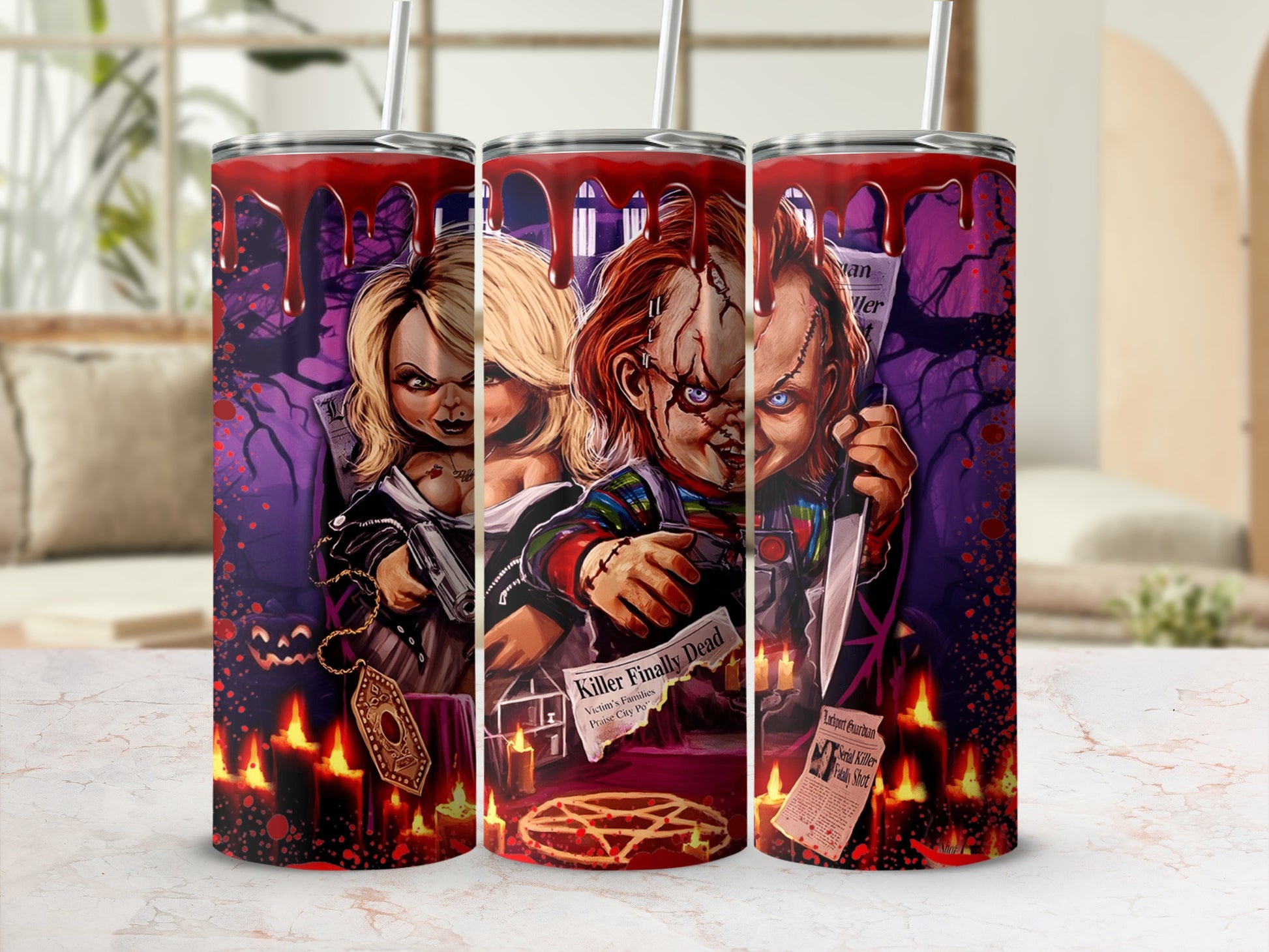 Chucky doll tumbler with newspaper headlines, candles, and blood splatters.