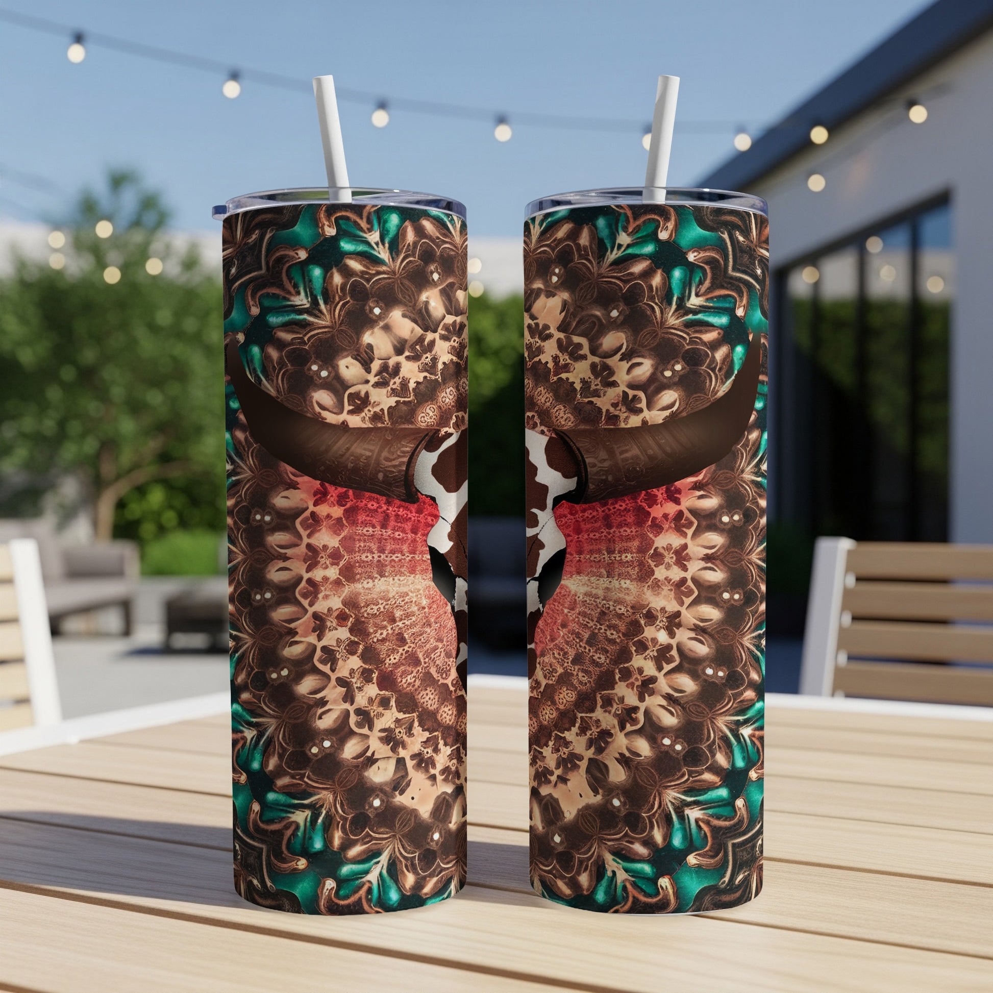 Two tumblers with bull skull and mandala design on a table.