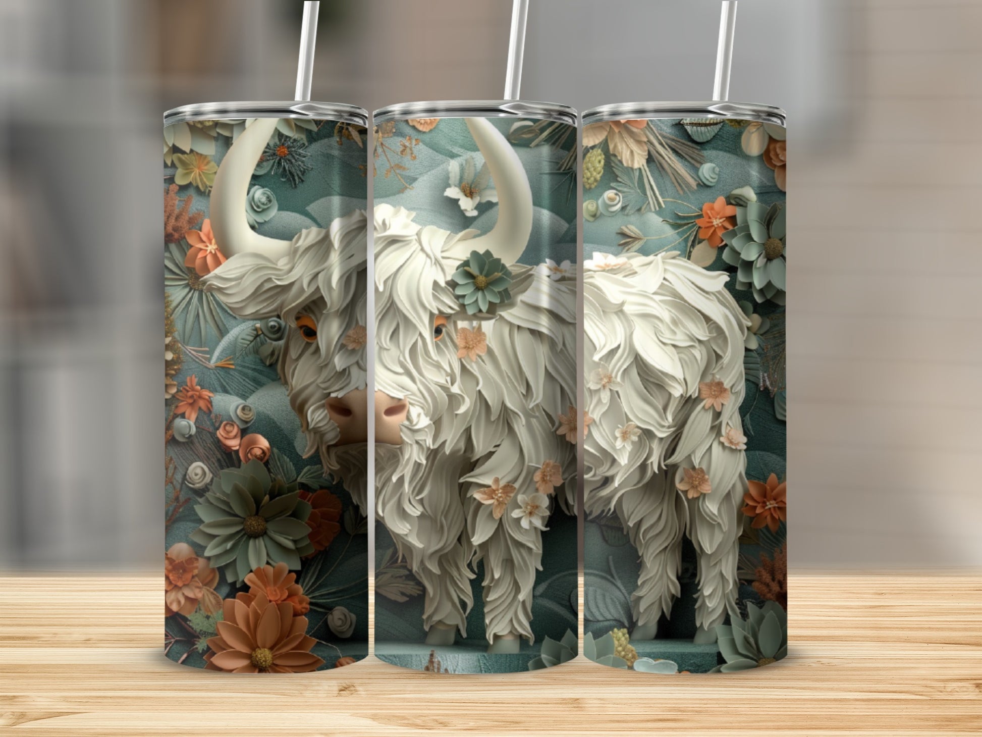 White shaggy Highland cow with floral accents on a skinny tumbler.