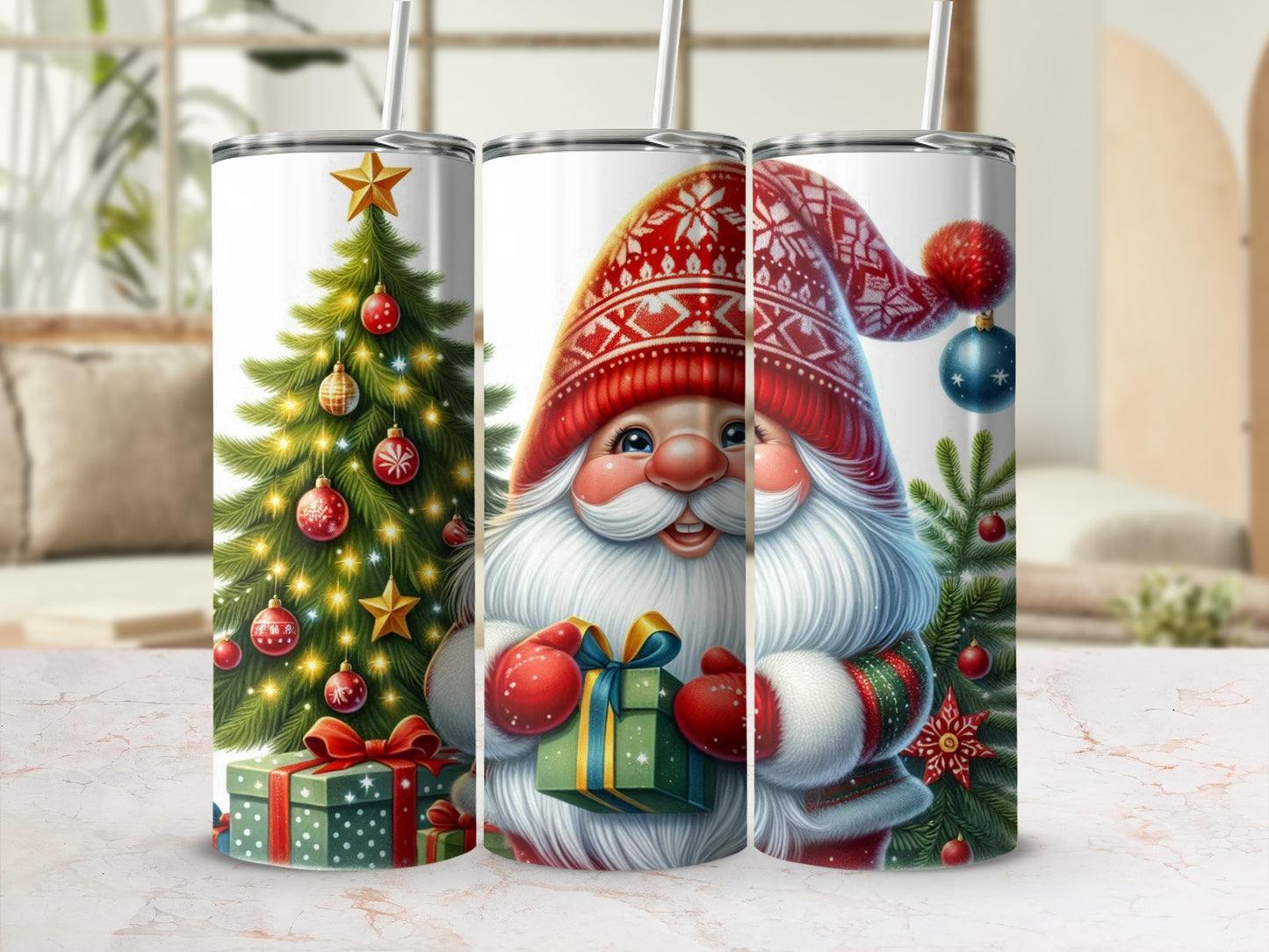 Santa Claus with gifts and Christmas tree, festive design for a tumbler.