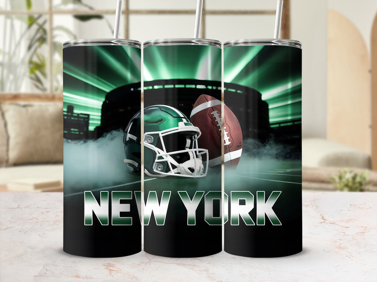 Tumbler with New York football helmet, ball, stadium, and green lights.