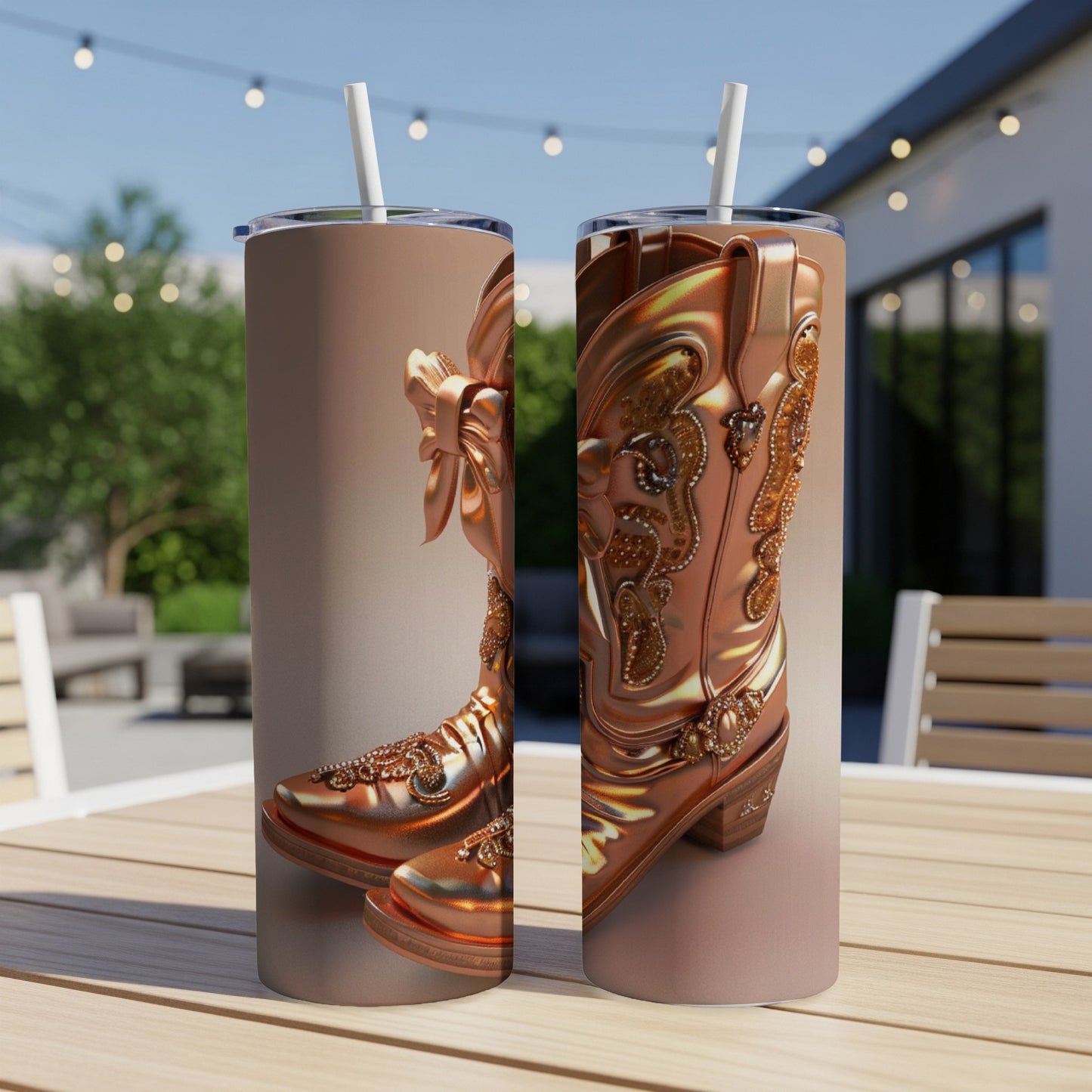 Two copper cowboy boots with ornate embellishments and bows sit on a table.