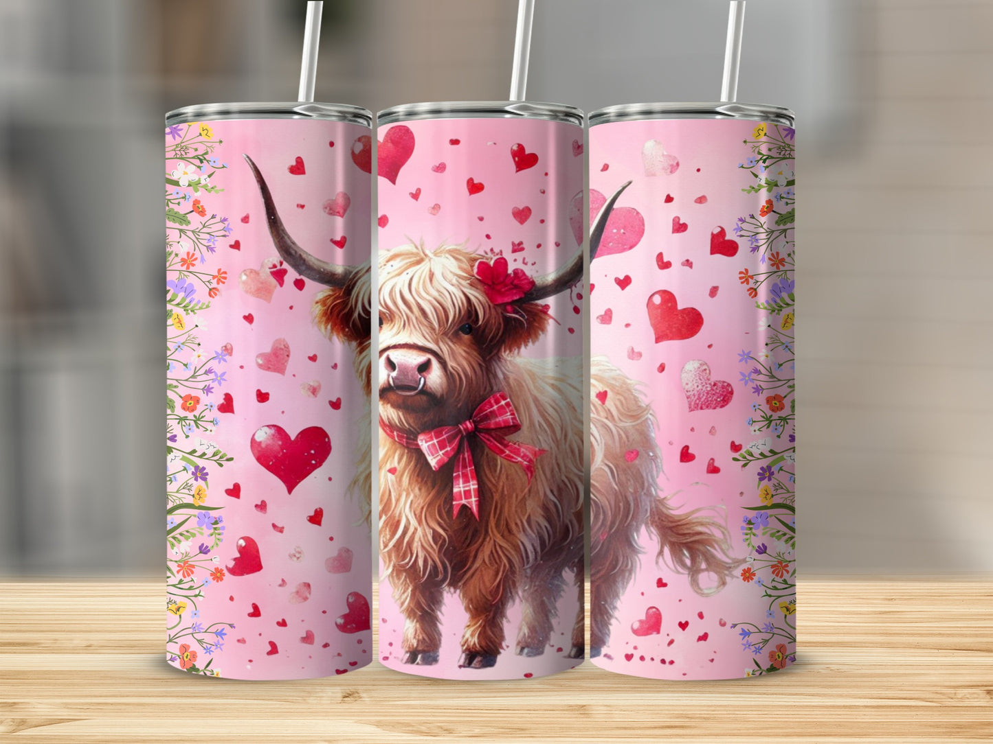 Adorable Highland Cow With Hearts and Flowers Tumbler