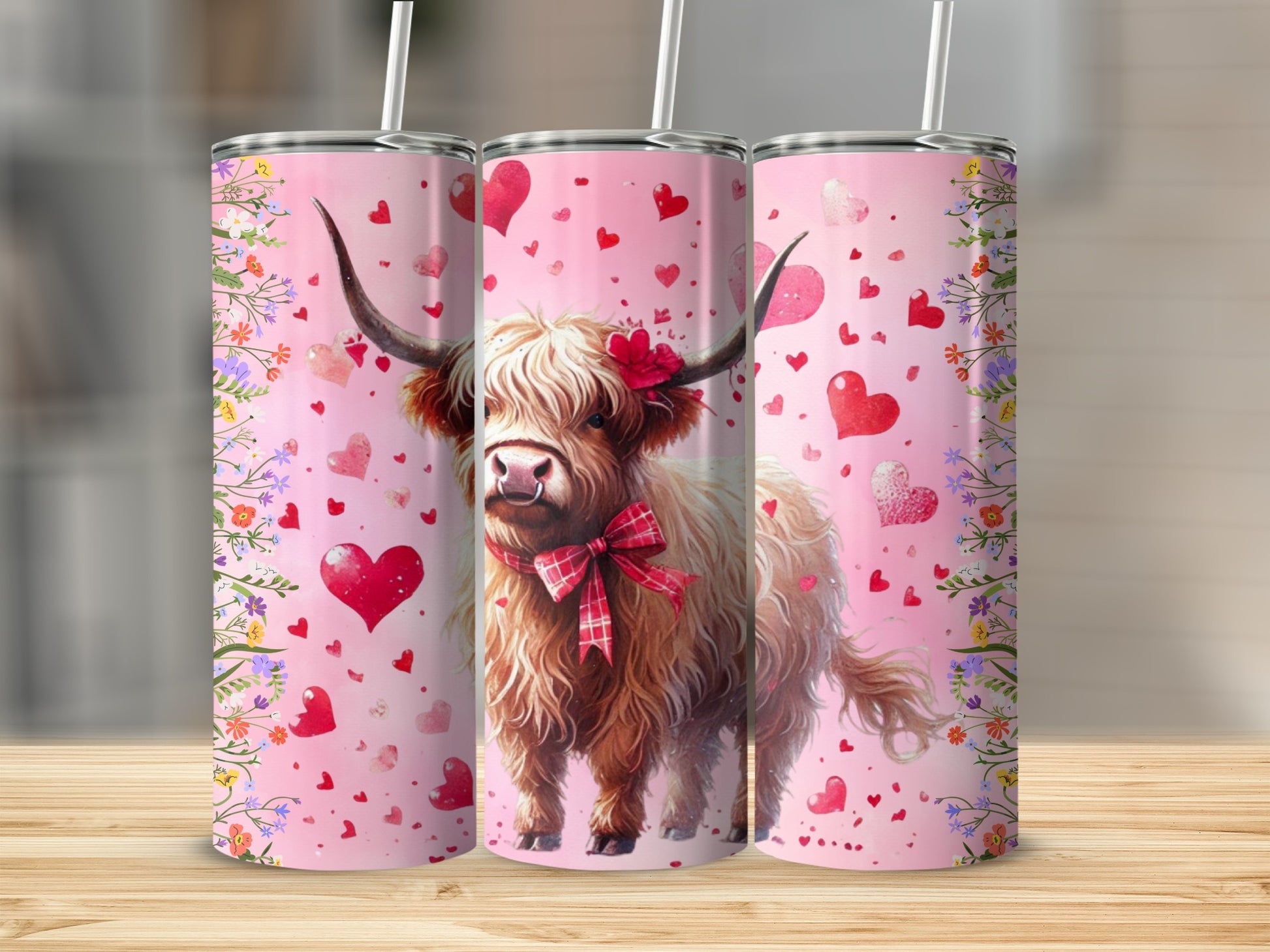 Adorable Highland Cow With Hearts and Flowers Tumbler
