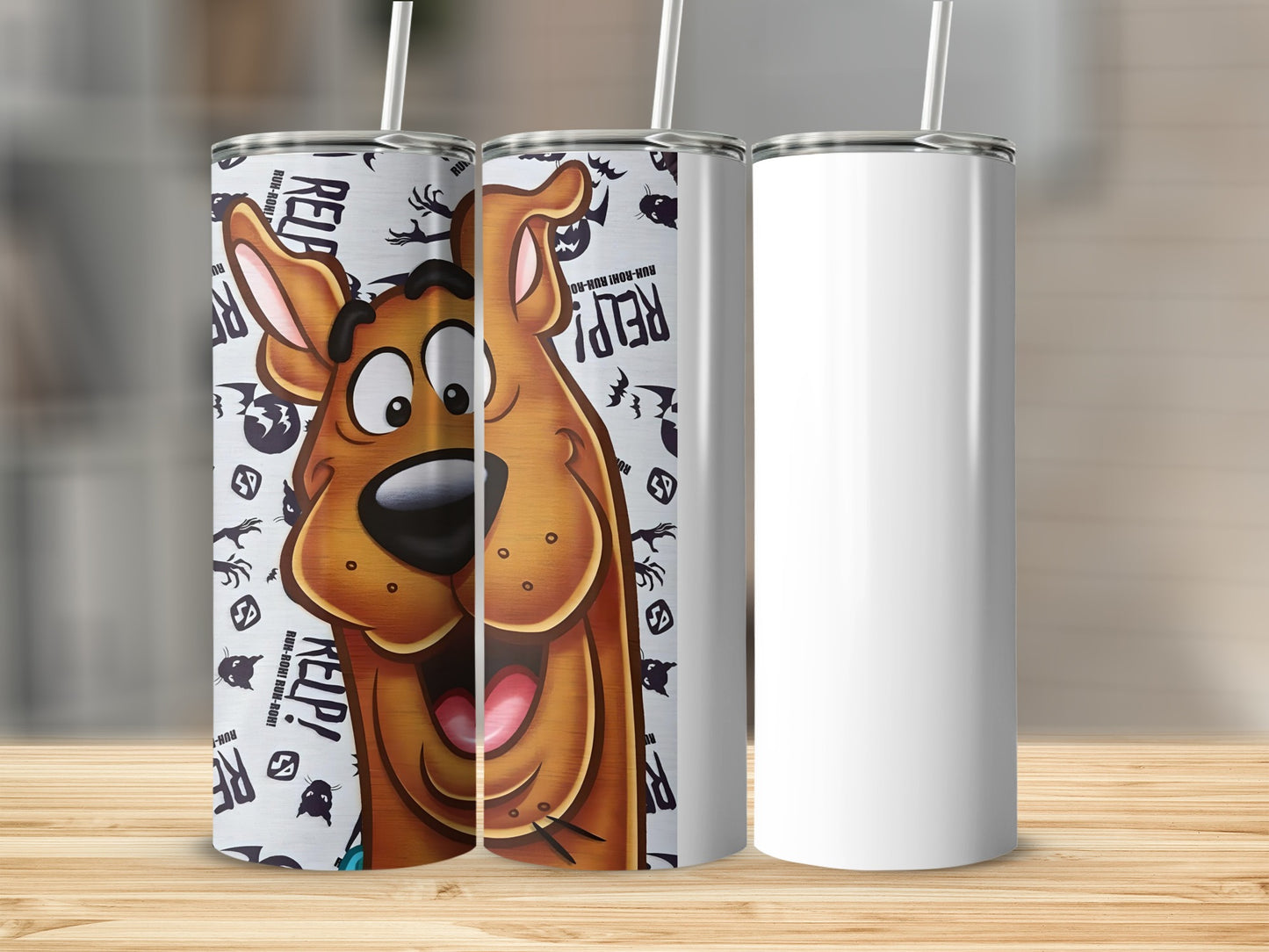 Scooby-Doo tumbler with "Ruh-roh!" text on a wooden surface.
