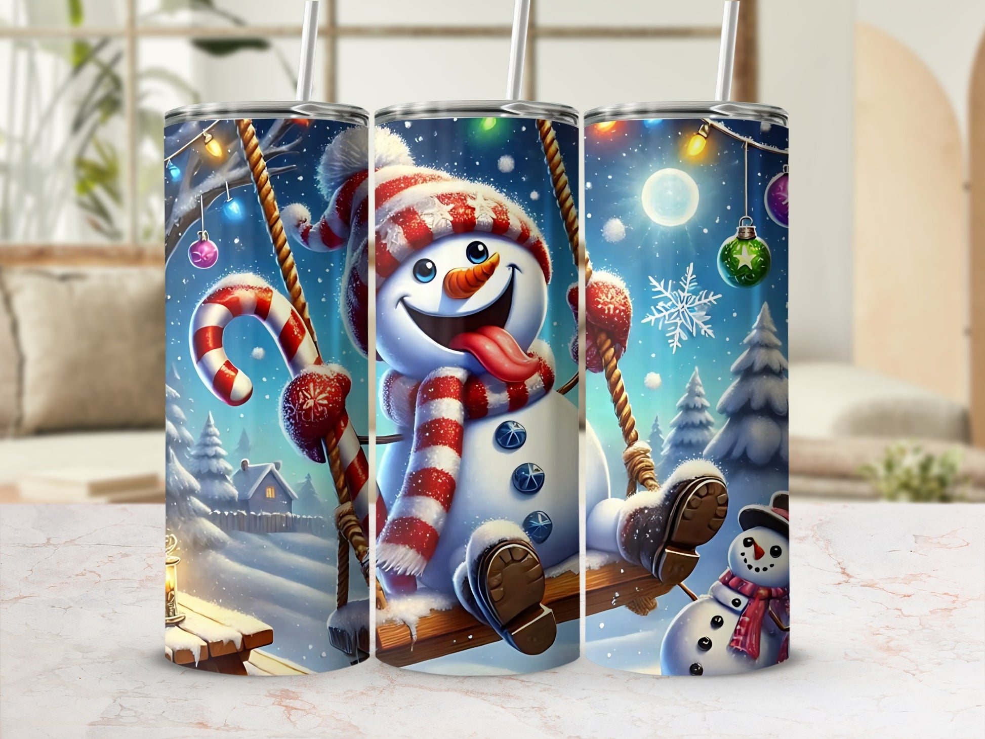 Festive Snowman Swinging with Candy Canes Tumbler