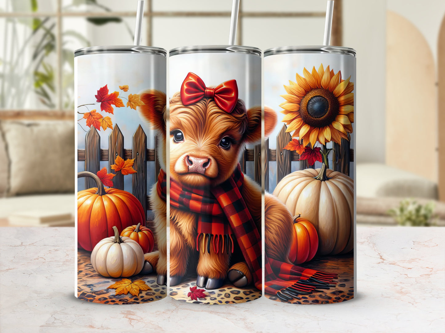 Cow wearing scarf and bow, with pumpkins and sunflower, on tumbler.