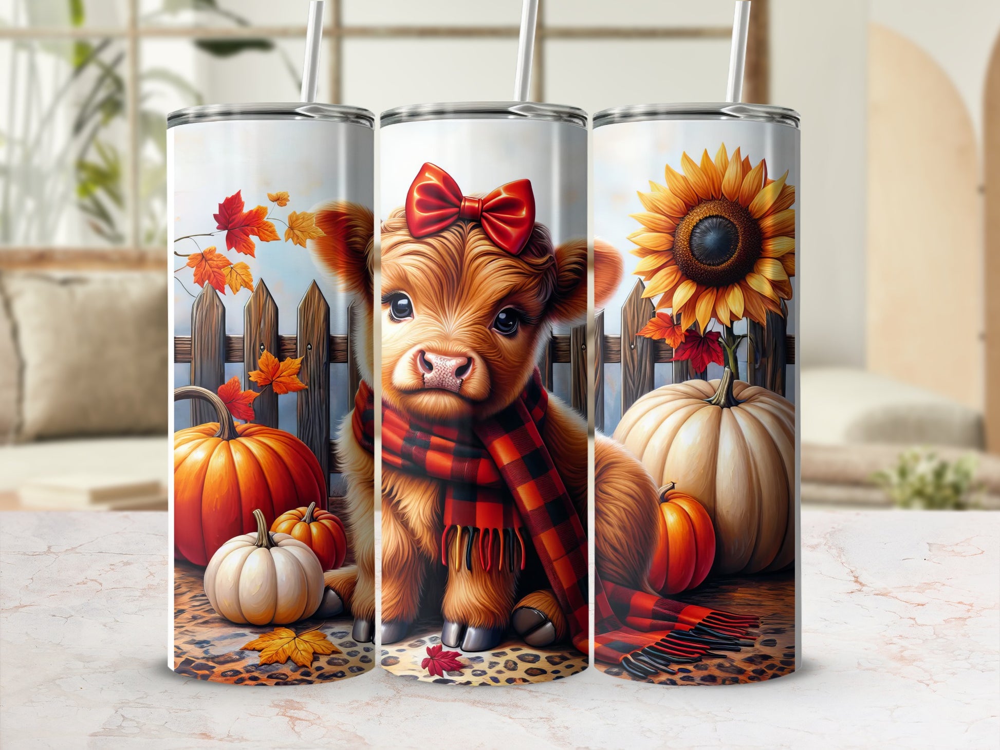 Cow wearing scarf and bow, with pumpkins and sunflower, on tumbler.