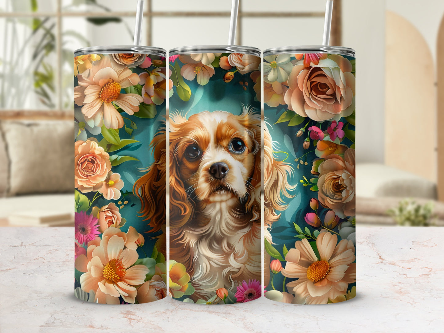 Cavalier King Charles Spaniel with floral accents on a tumbler.