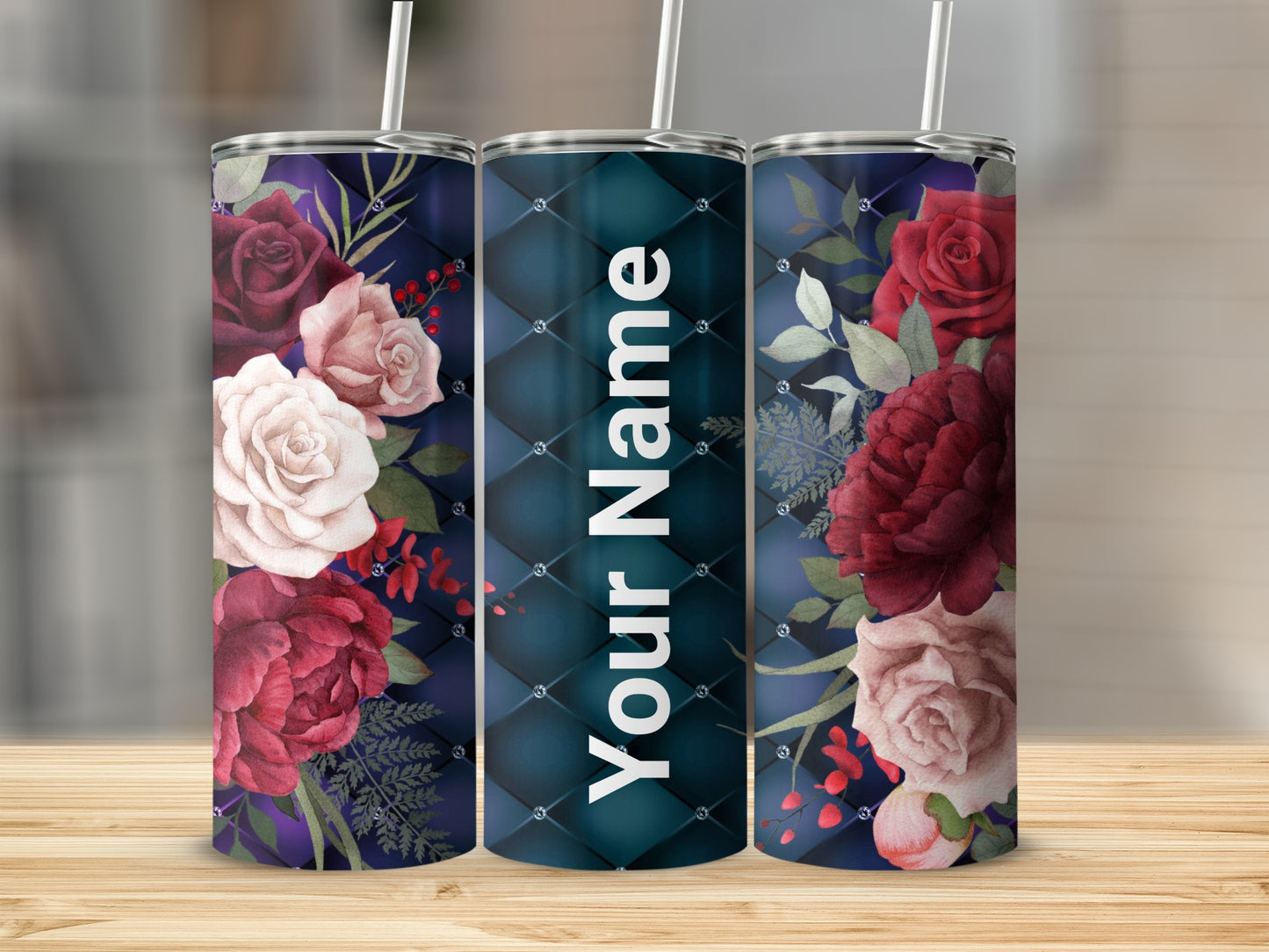 Customized Floral and Diamond Design Tumbler with Straw