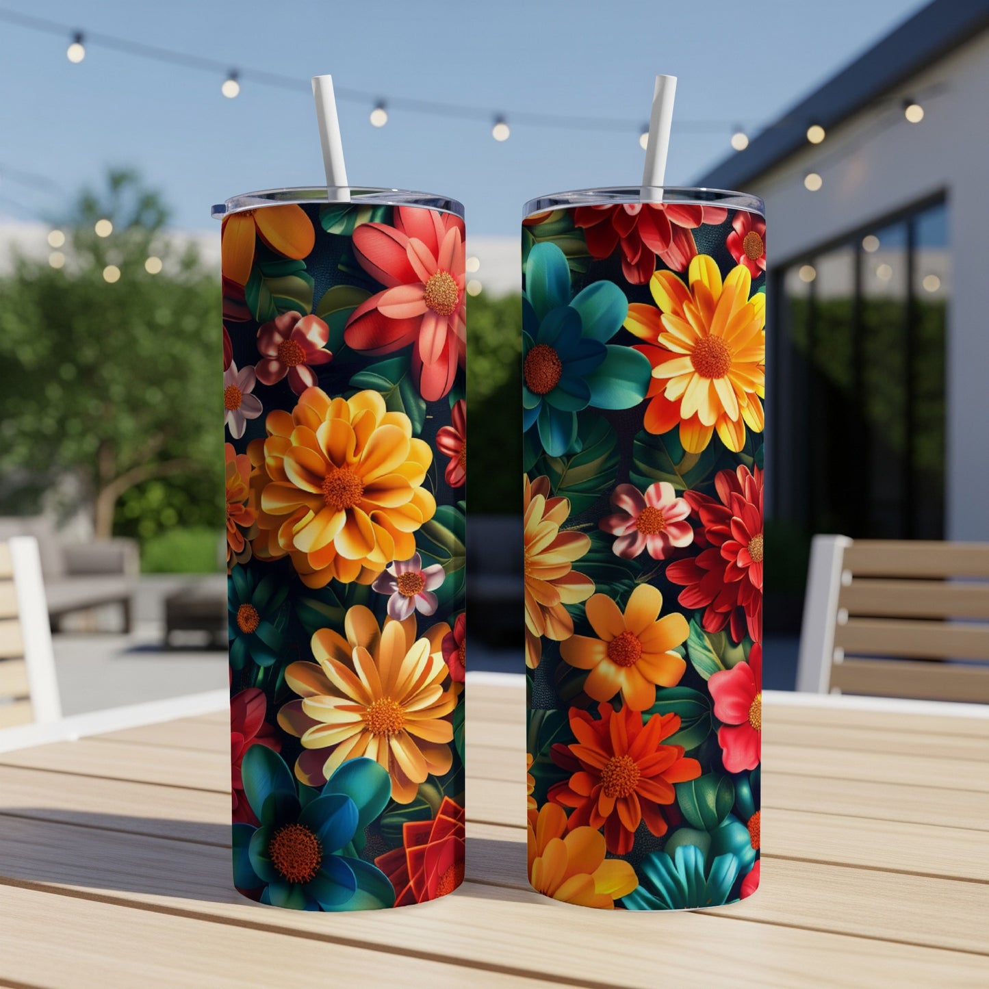 Two tumblers with a dark floral pattern featuring orange, red, and teal flowers.