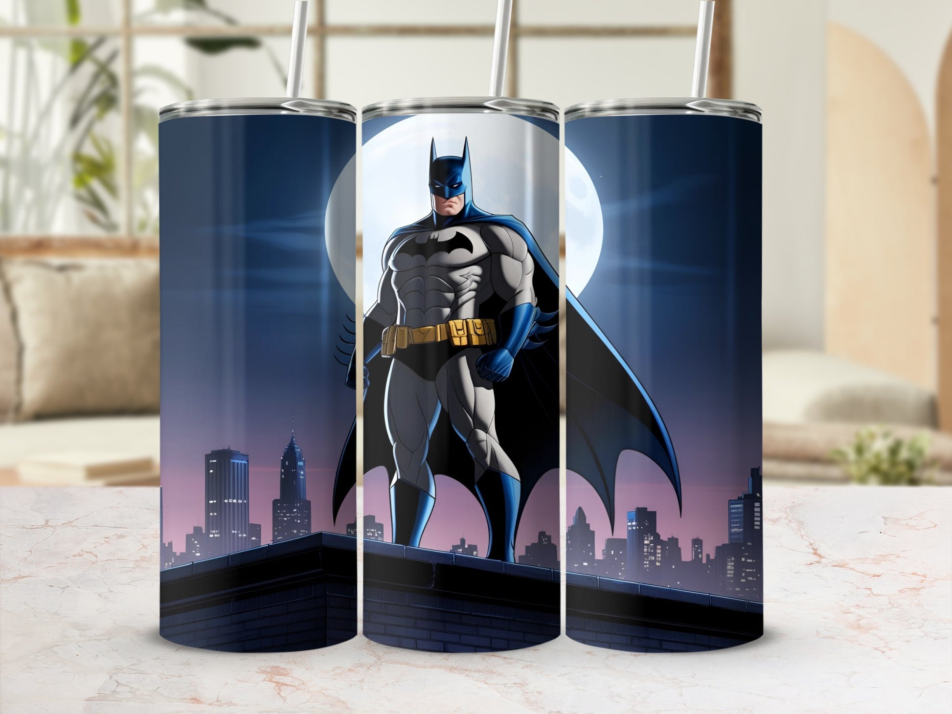 Batman standing on a rooftop against a city skyline with a full moon.