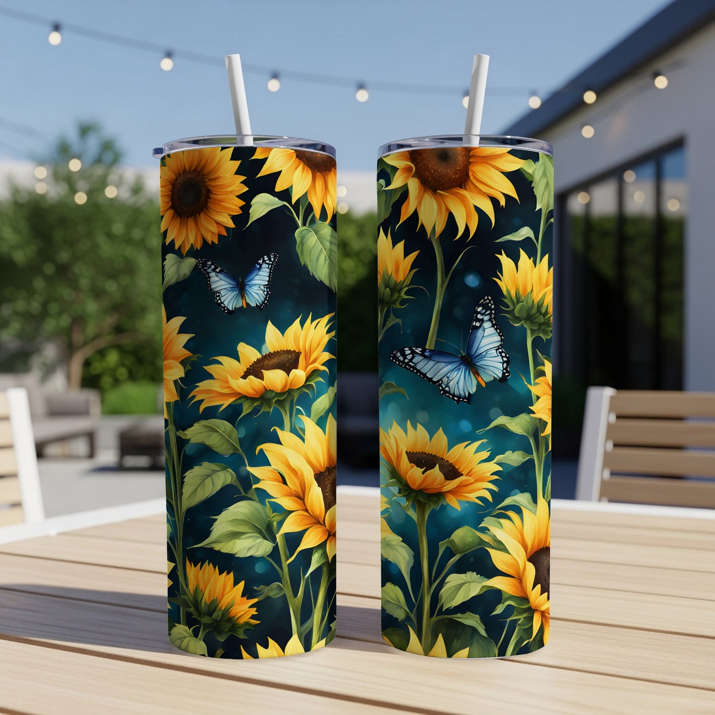 Two tall tumblers with sunflowers and blue butterflies.
