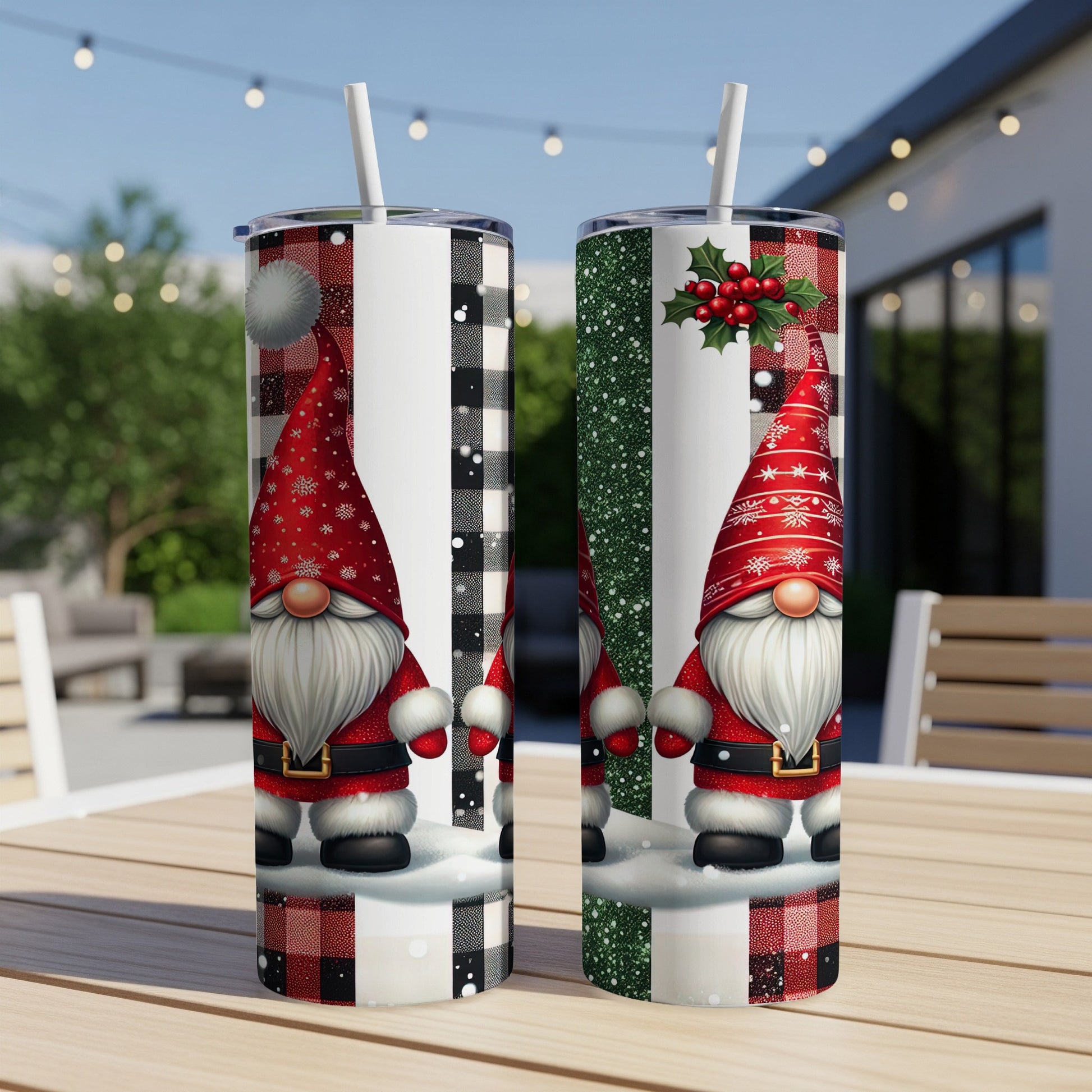 Two Christmas gnomes with red hats and snowy bases on a table.