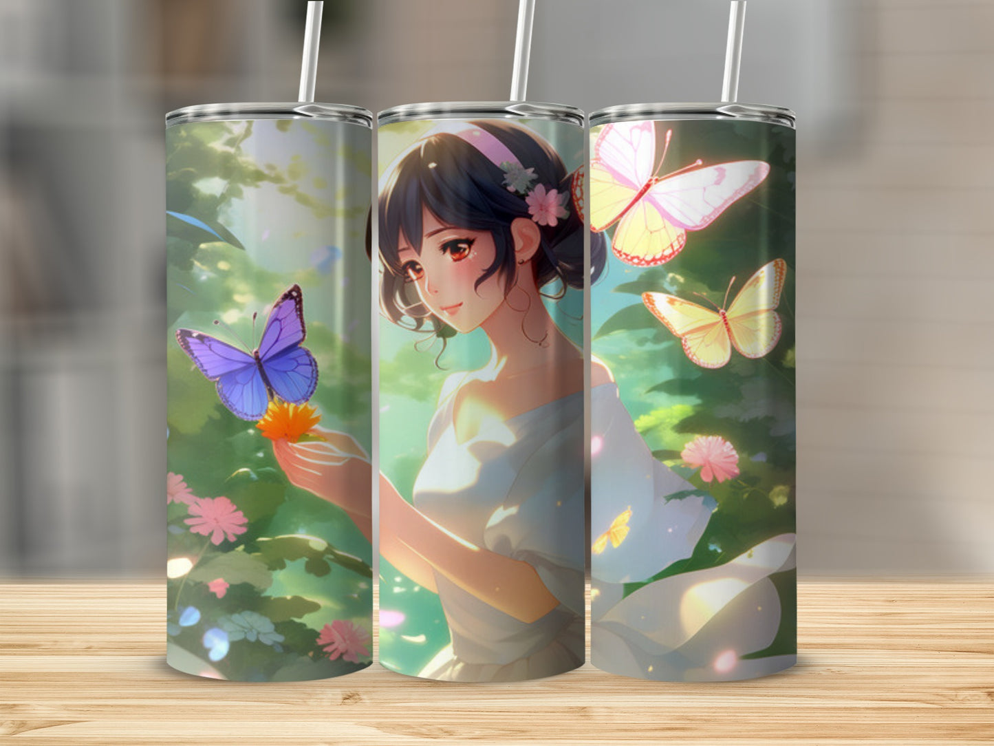 Anime girl holding flower with butterflies in a garden.