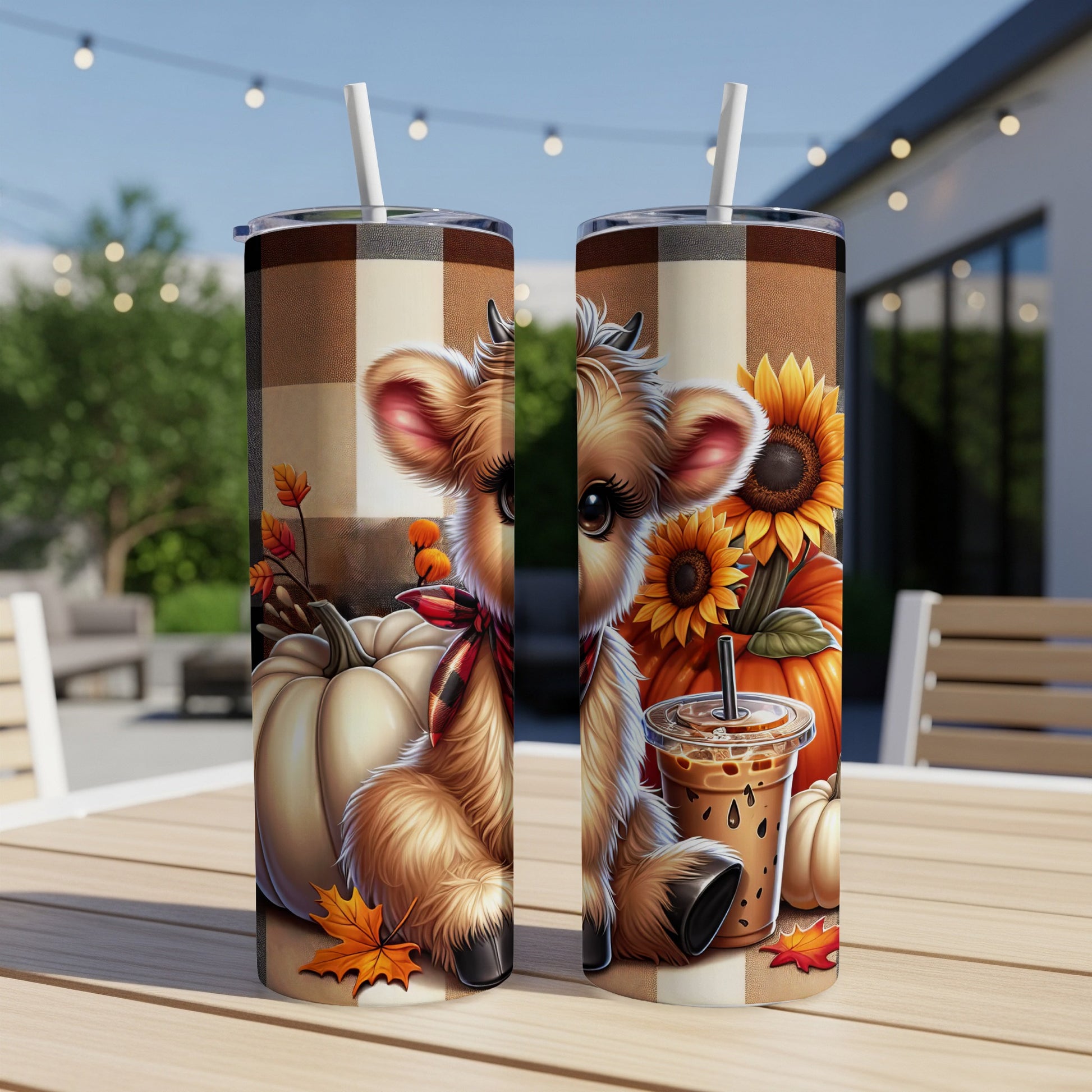 Fall cow tumbler with pumpkins, sunflowers, and plaid background.