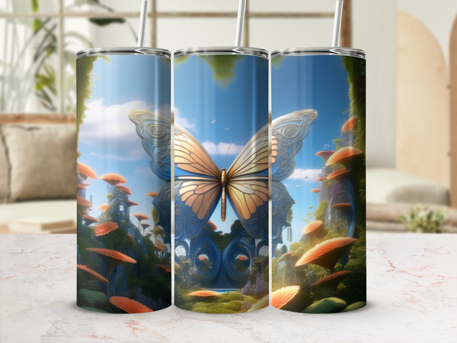 Glow-in-the-dark butterfly and mushroom design on a stainless steel tumbler.
