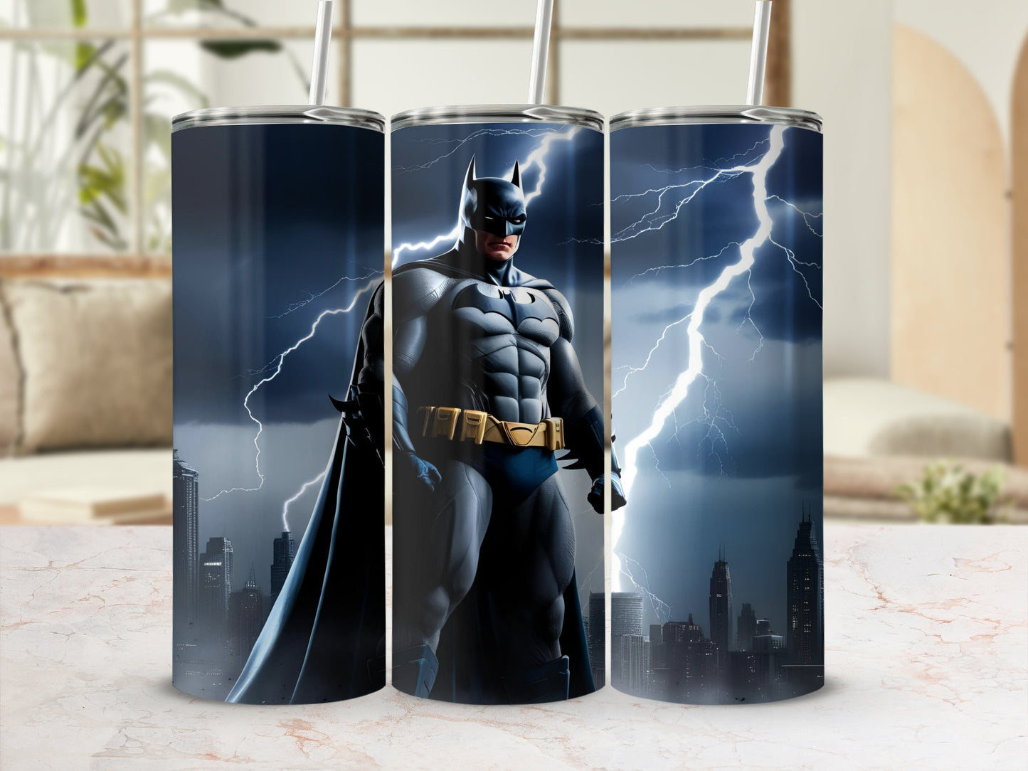 Batman in a dynamic pose against a stormy, lightning-filled city skyline.