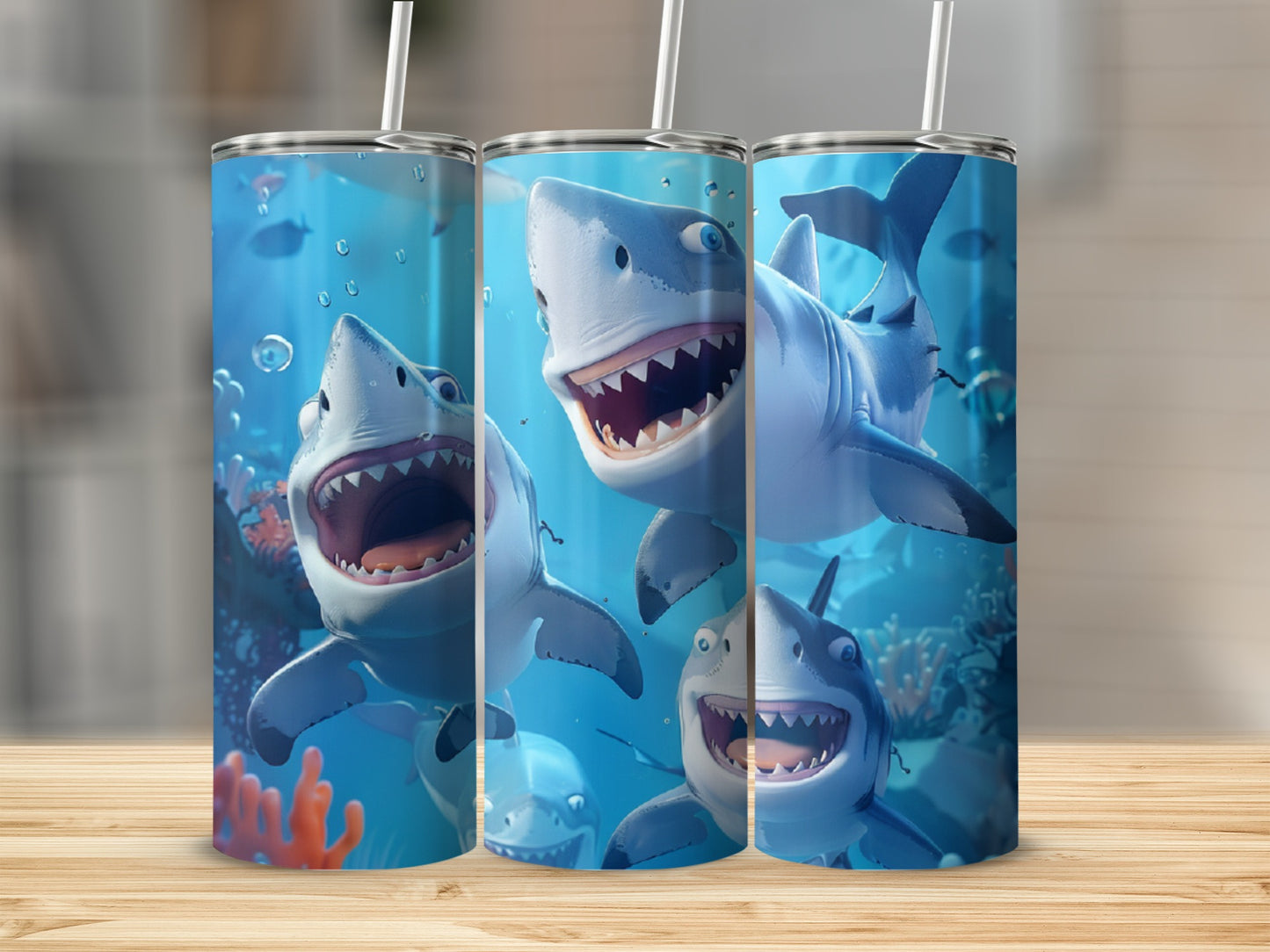 Three smiling sharks with open mouths and straws, underwater scene.