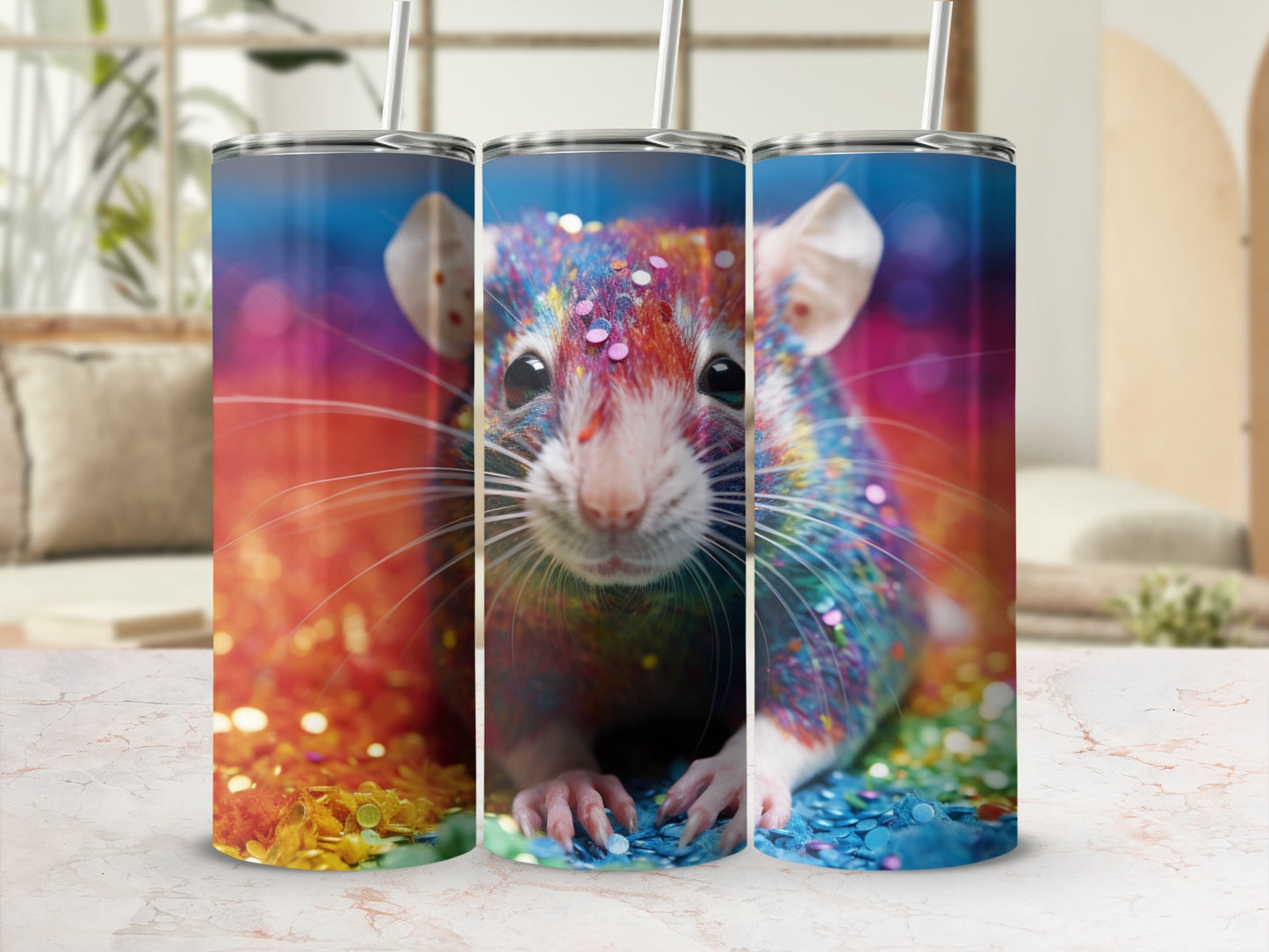 Tumbler with a close-up of a glitter-covered mouse on a sparkly background.