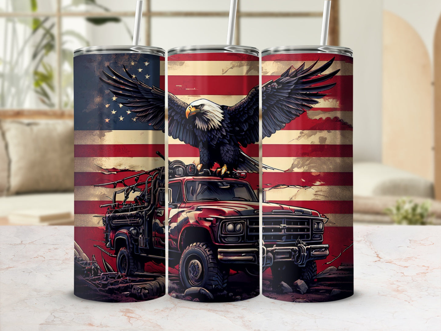 Red truck with bald eagle on American flag background.