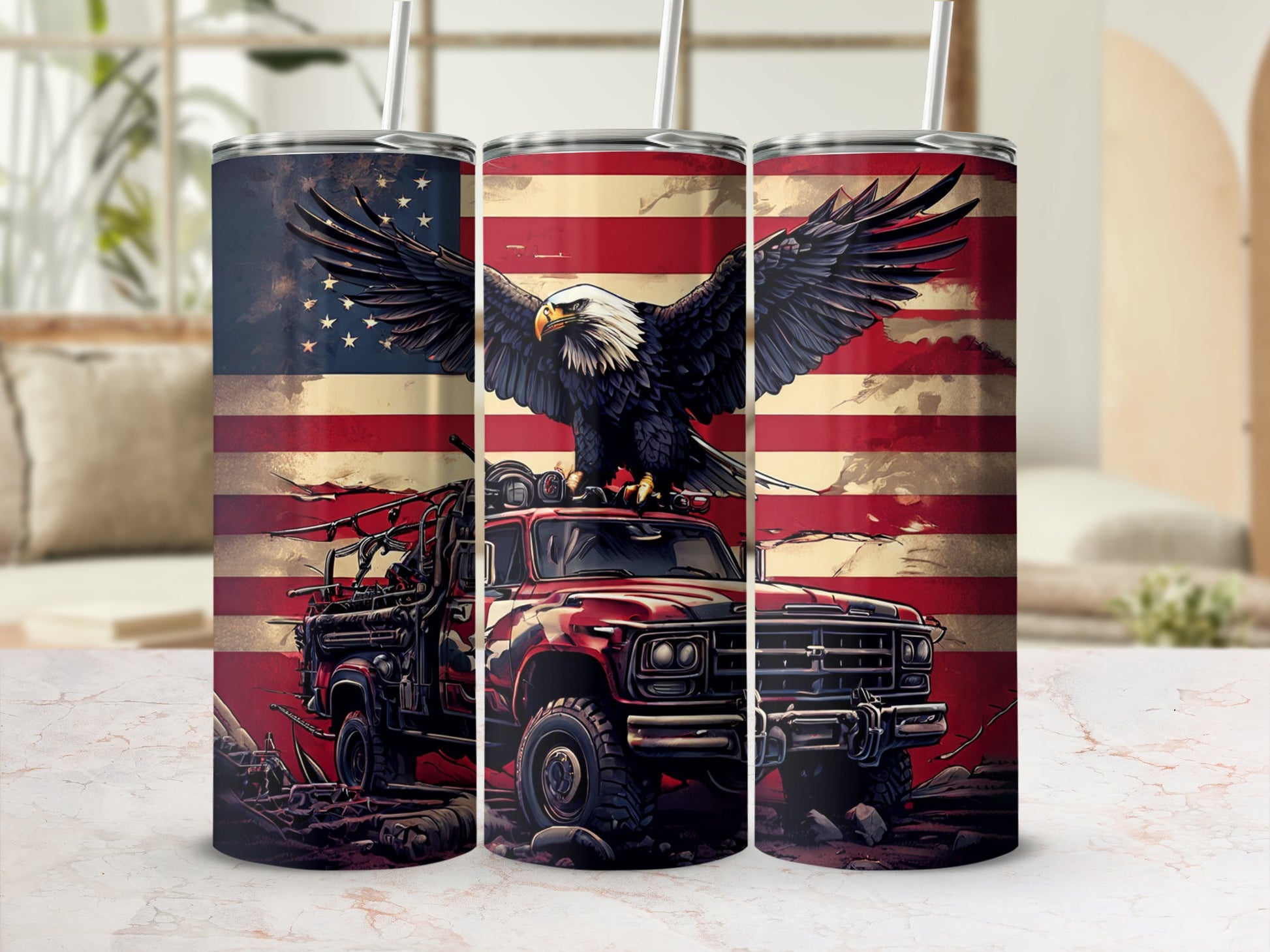 Red truck with bald eagle on American flag background.