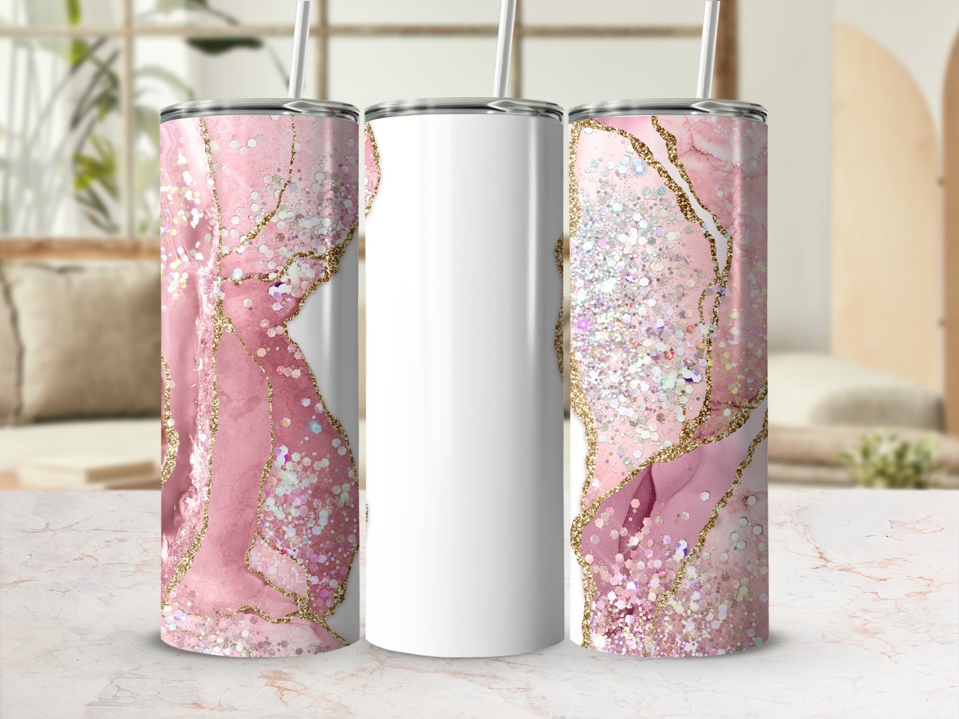 Pink marble and glitter tumbler with white space for customization.