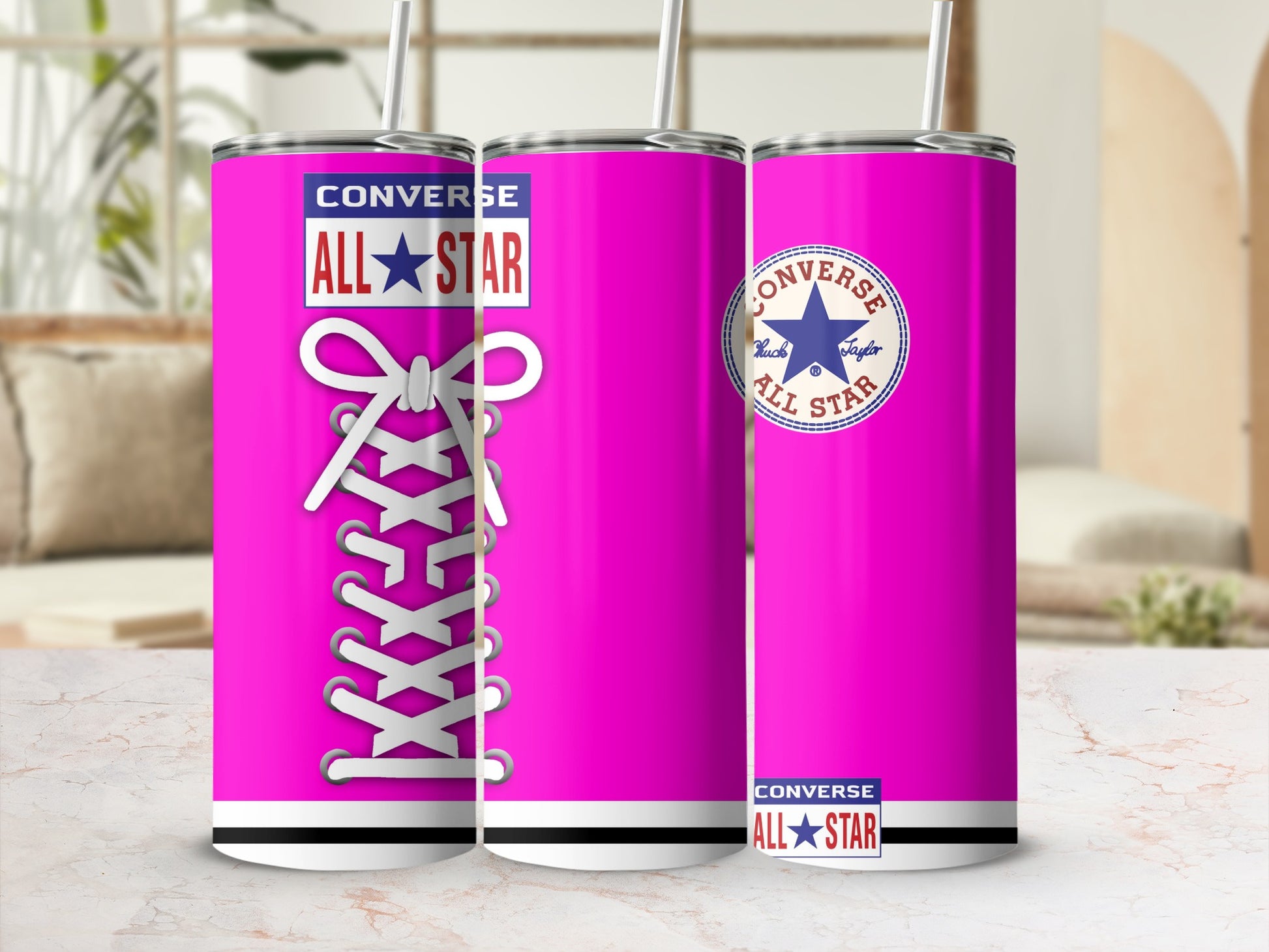 Pink Converse All Star tumbler with shoelace design.
