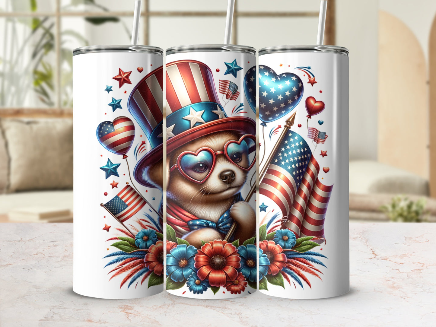 Dog in patriotic hat and heart sunglasses with American flags and flowers.