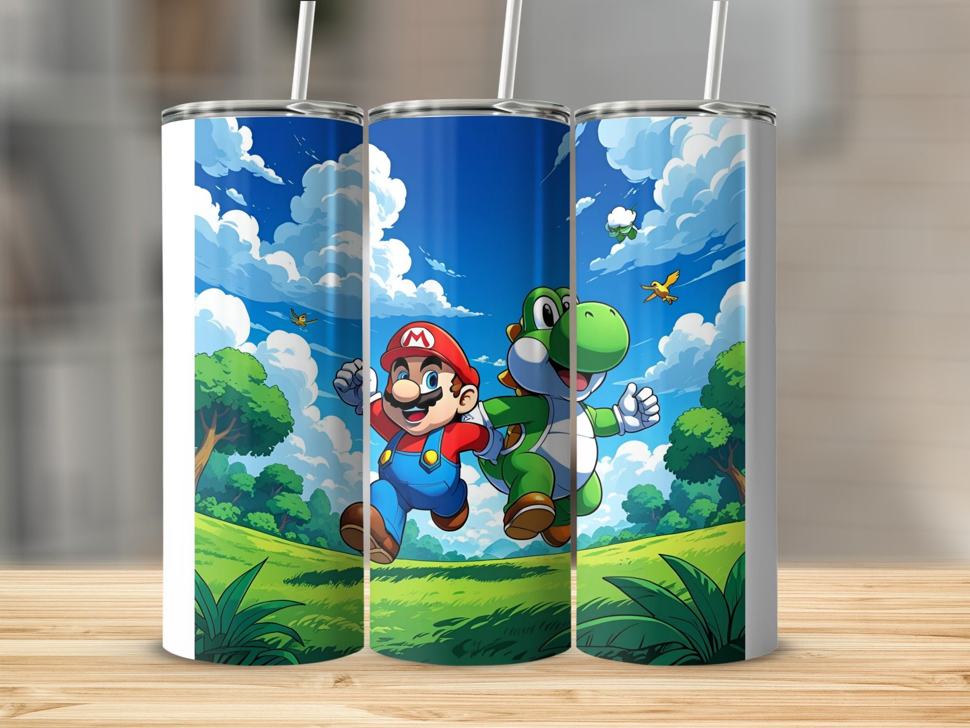 Mario and Yoshi running through a grassy field under a blue sky.