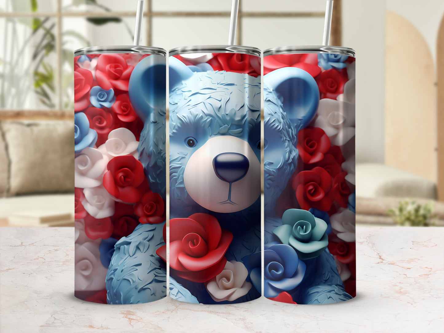 Blue teddy bear with red and blue roses on a tumbler.