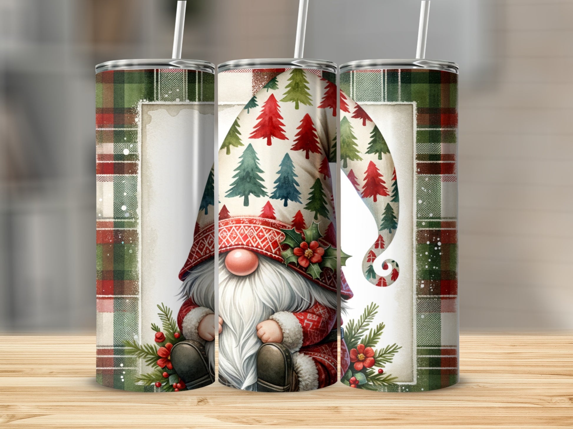 Gnome in festive plaid sweater sitting with pine trees and holly accents.
