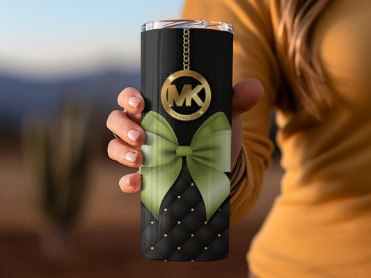 Stylish Tumbler with MK Logo and Green Bow Design