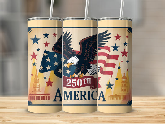 Eagle, flag, and landmarks celebrate 250th America on tumblers.